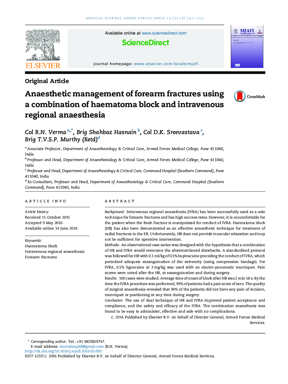 Anaesthetic management of forearm fractures using a combination of haematoma block and intravenous regional anaesthesia