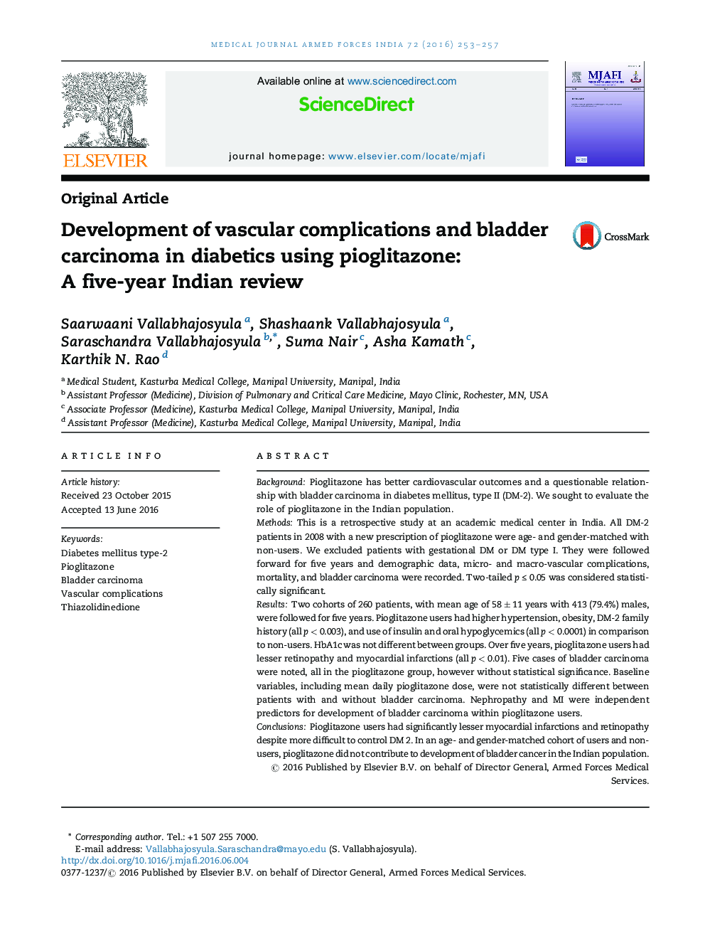 Development of vascular complications and bladder carcinoma in diabetics using pioglitazone: A five-year Indian review