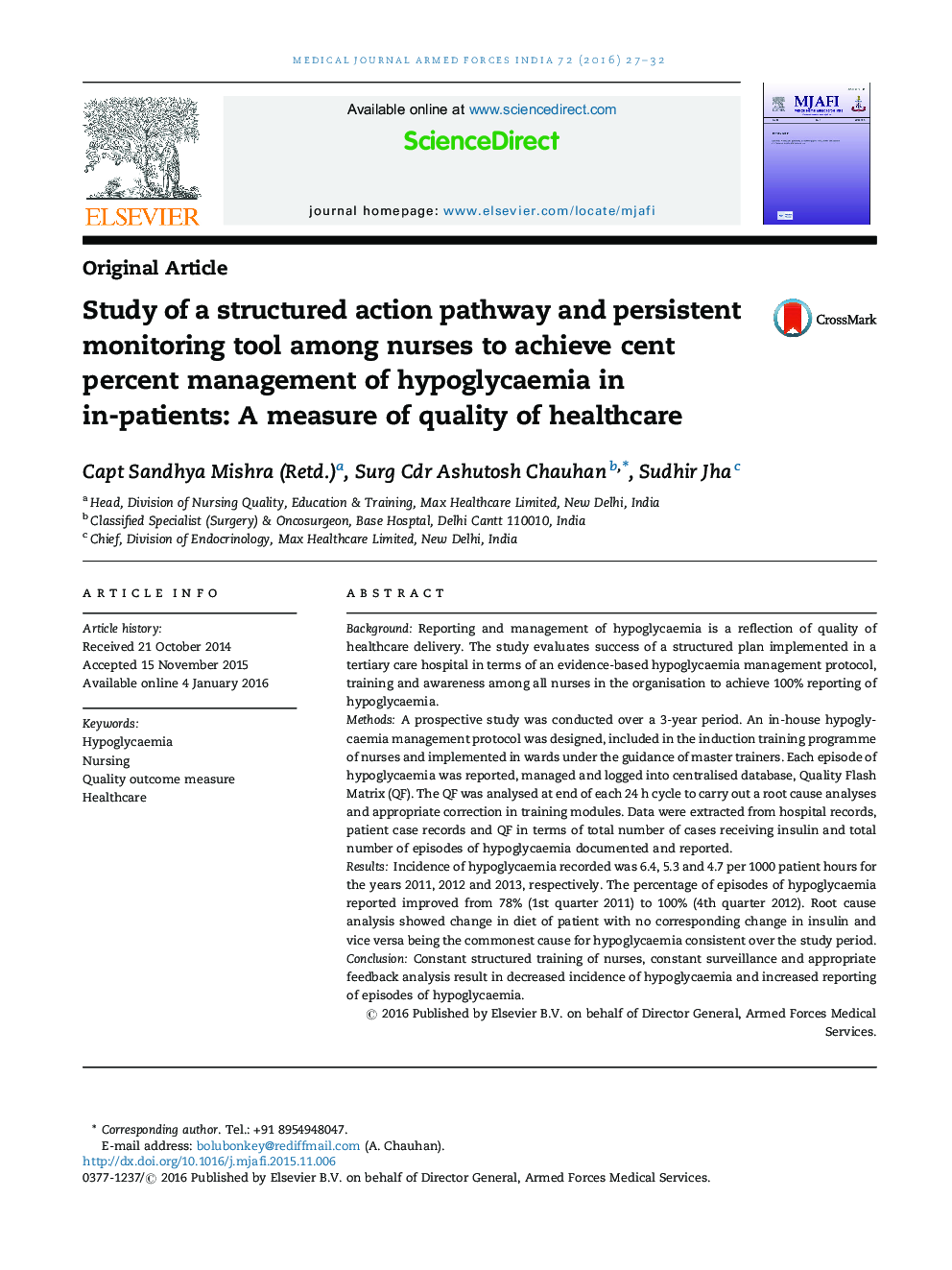 Study of a structured action pathway and persistent monitoring tool among nurses to achieve cent percent management of hypoglycaemia in in-patients: A measure of quality of healthcare