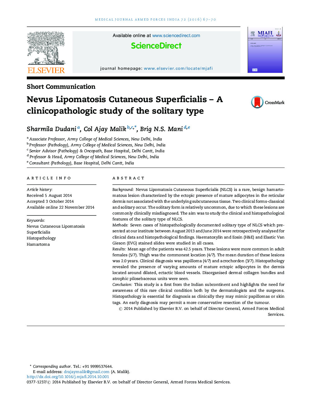Nevus Lipomatosis Cutaneous Superficialis – A clinicopathologic study of the solitary type