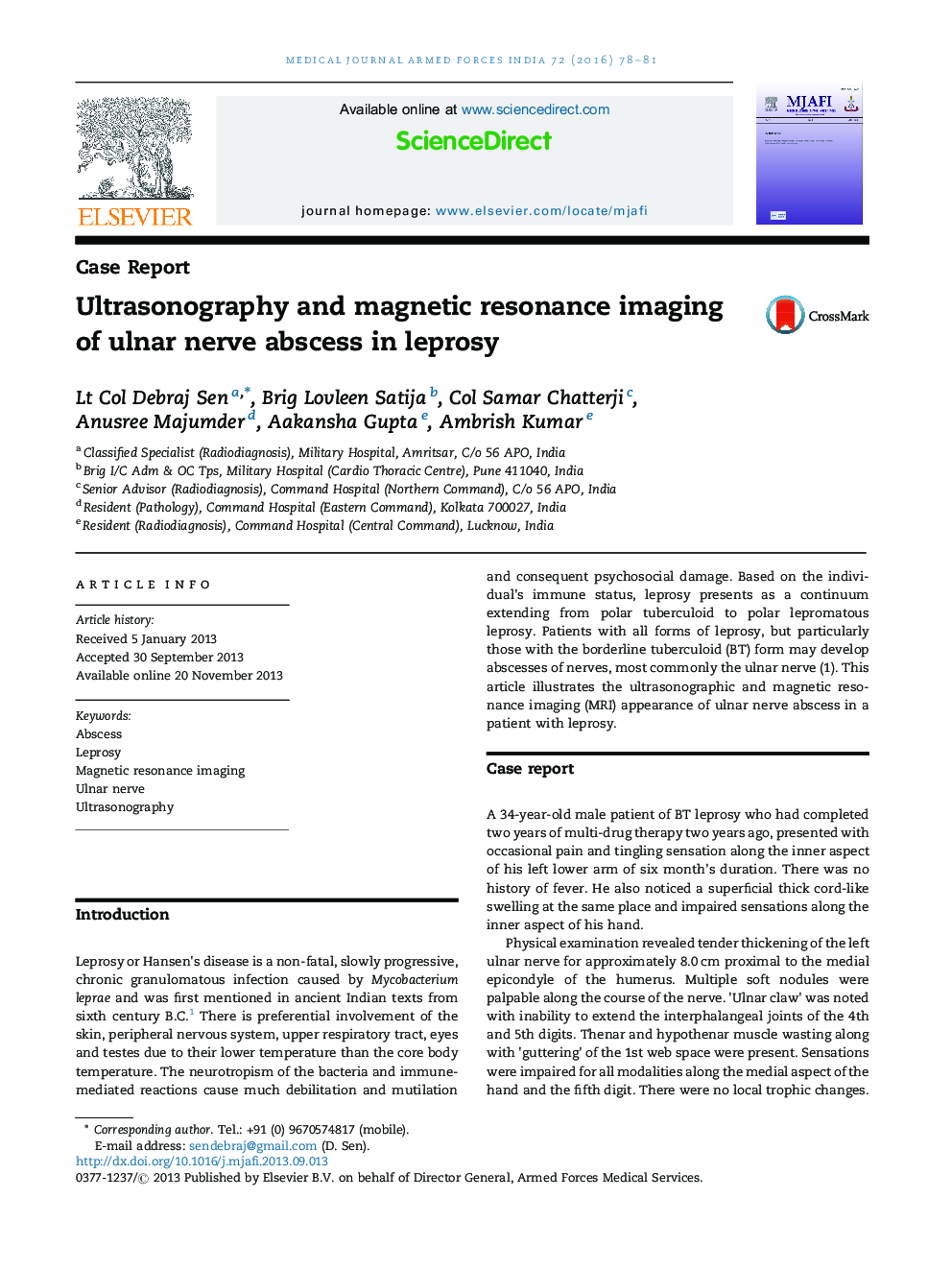 Ultrasonography and magnetic resonance imaging of ulnar nerve abscess in leprosy