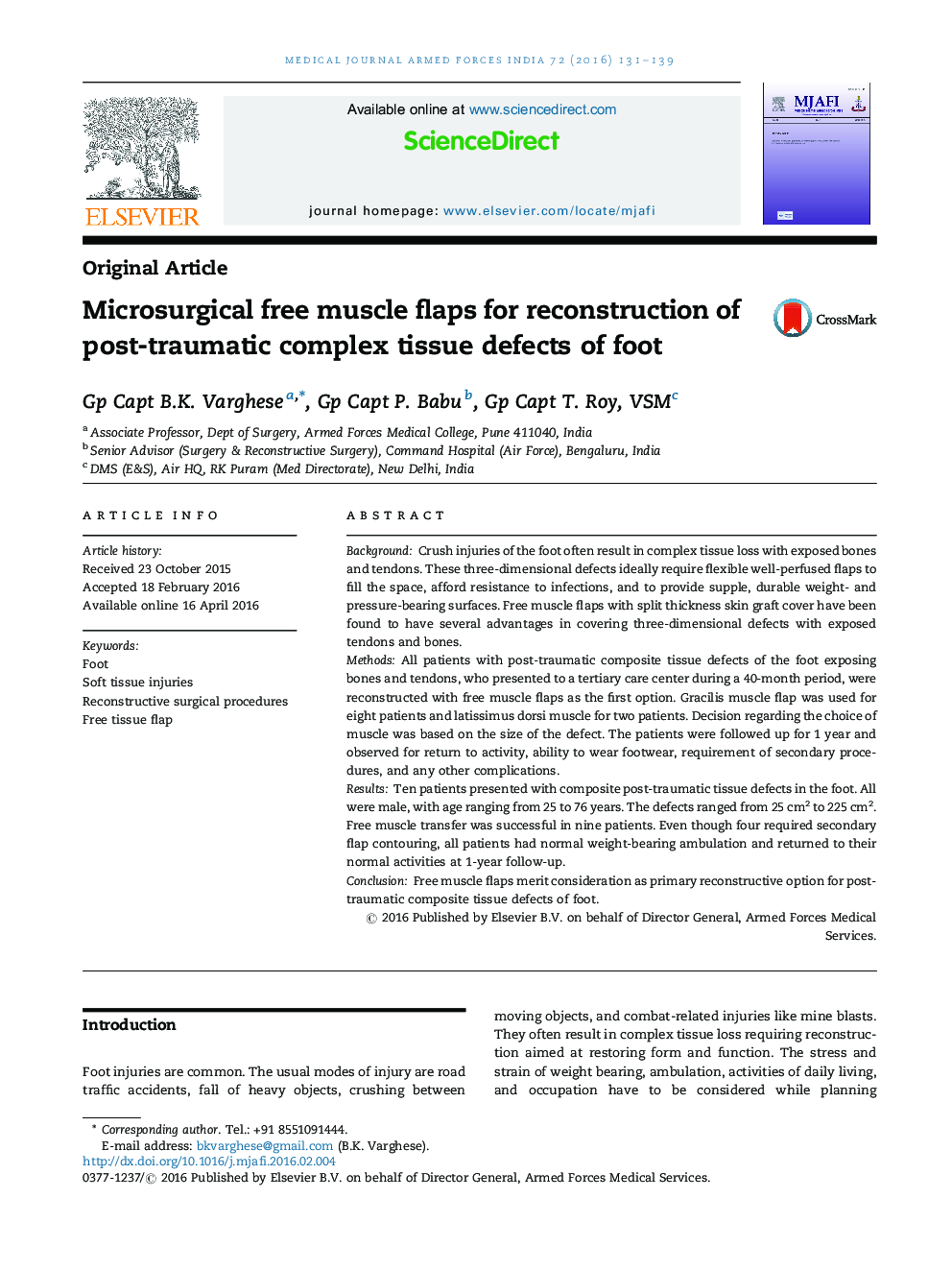 Microsurgical free muscle flaps for reconstruction of post-traumatic complex tissue defects of foot