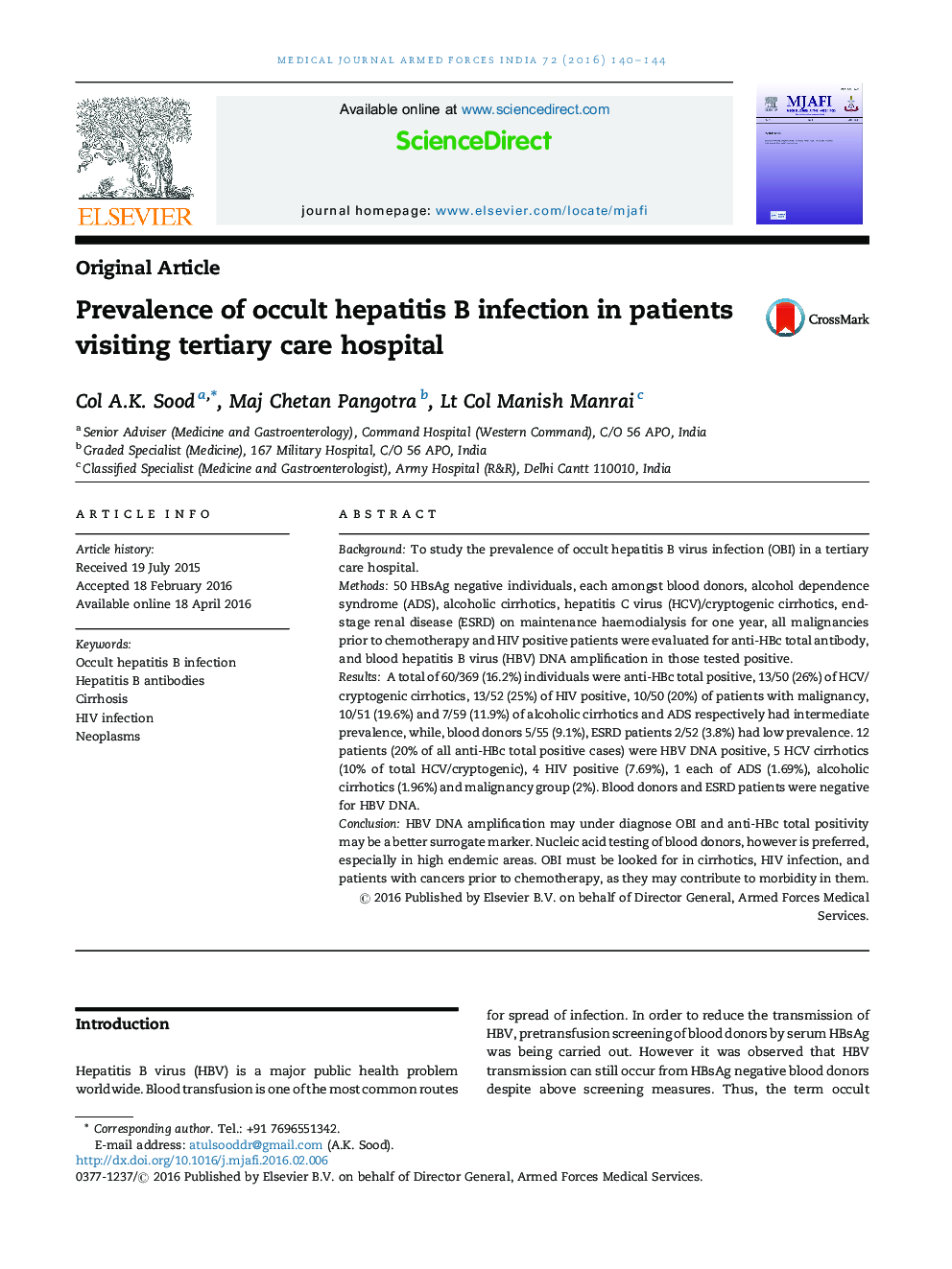 Prevalence of occult hepatitis B infection in patients visiting tertiary care hospital
