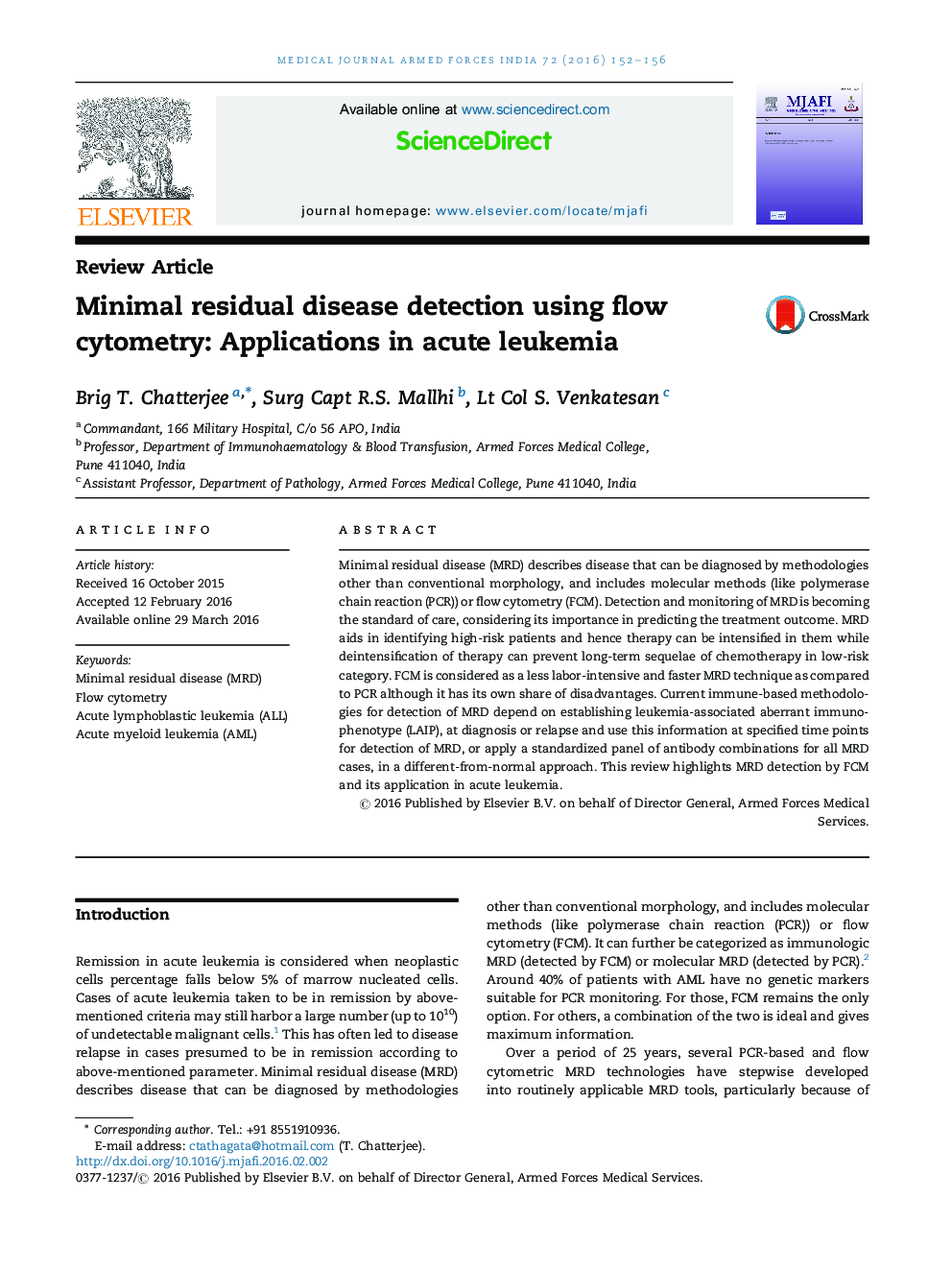 Minimal residual disease detection using flow cytometry: Applications in acute leukemia