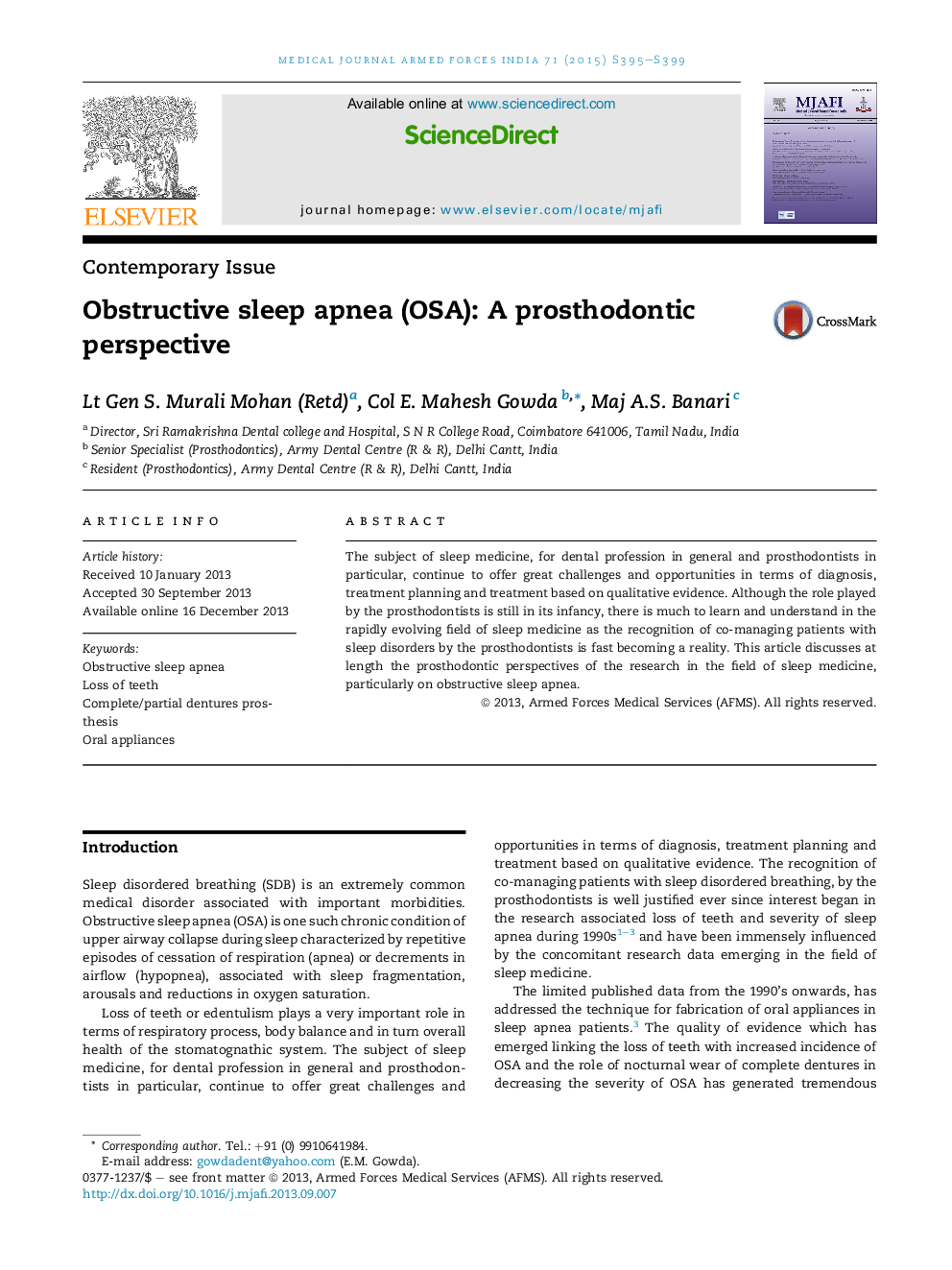 Obstructive sleep apnea (OSA): A prosthodontic perspective