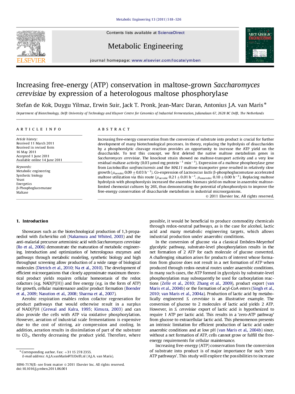 Increasing free-energy (ATP) conservation in maltose-grown Saccharomyces cerevisiae by expression of a heterologous maltose phosphorylase