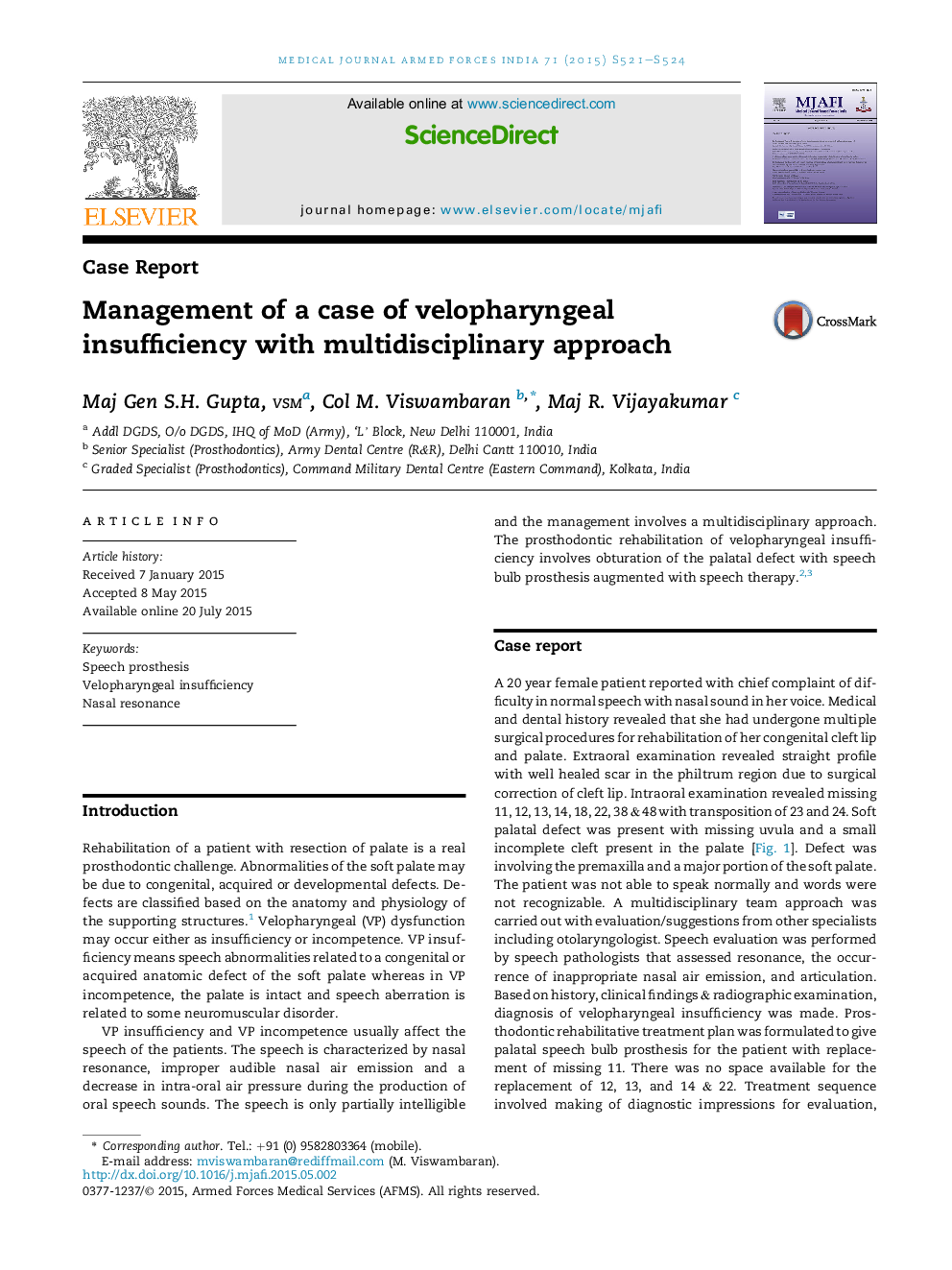 Management of a case of velopharyngeal insufficiency with multidisciplinary approach