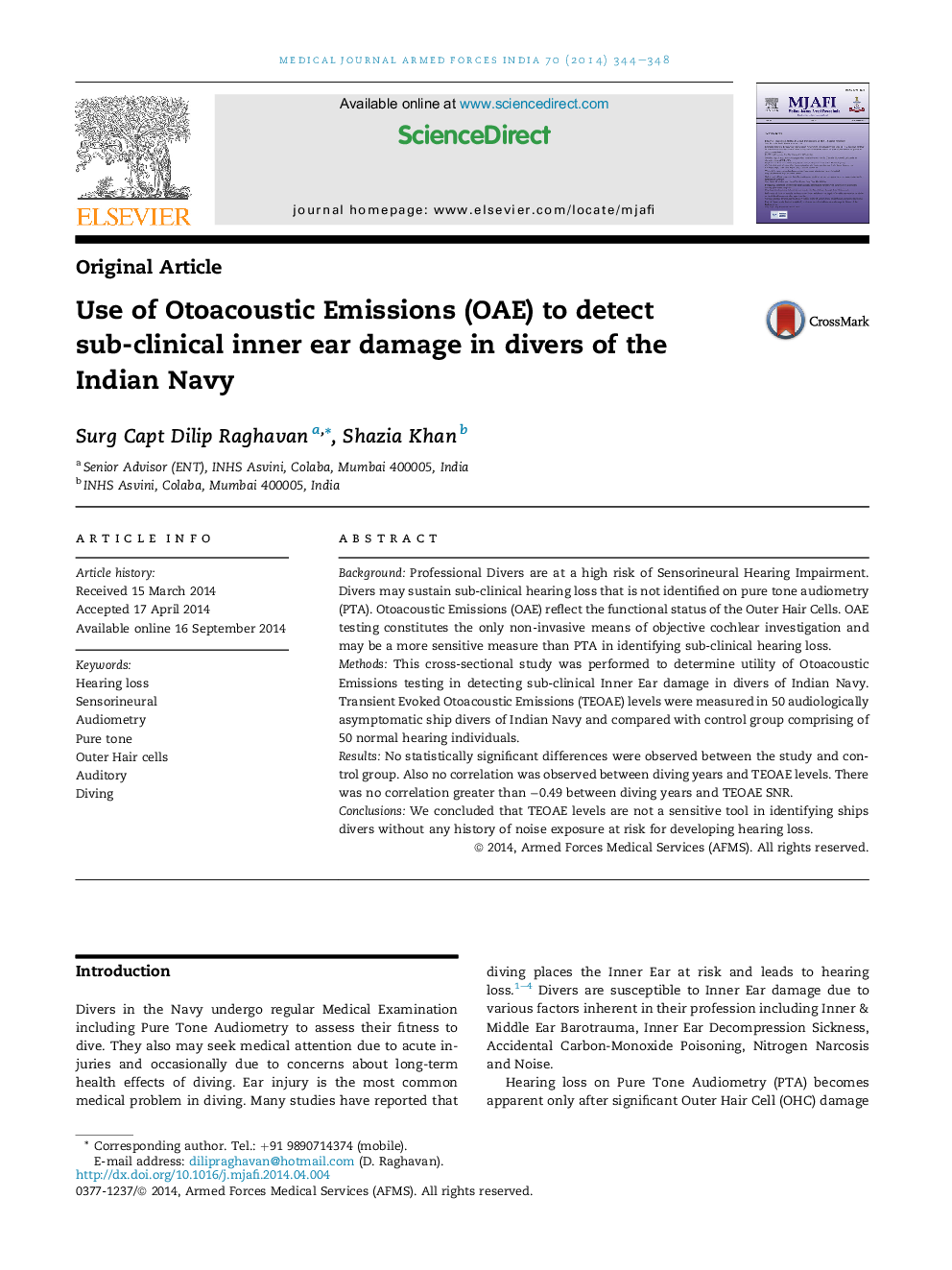 Use of Otoacoustic Emissions (OAE) to detect sub-clinical inner ear damage in divers of the Indian Navy 