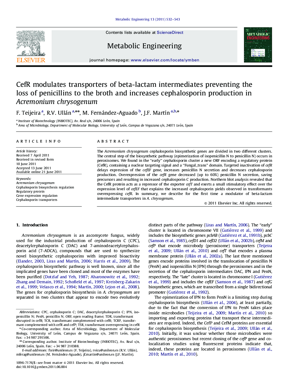 CefR modulates transporters of beta-lactam intermediates preventing the loss of penicillins to the broth and increases cephalosporin production in Acremonium chrysogenum