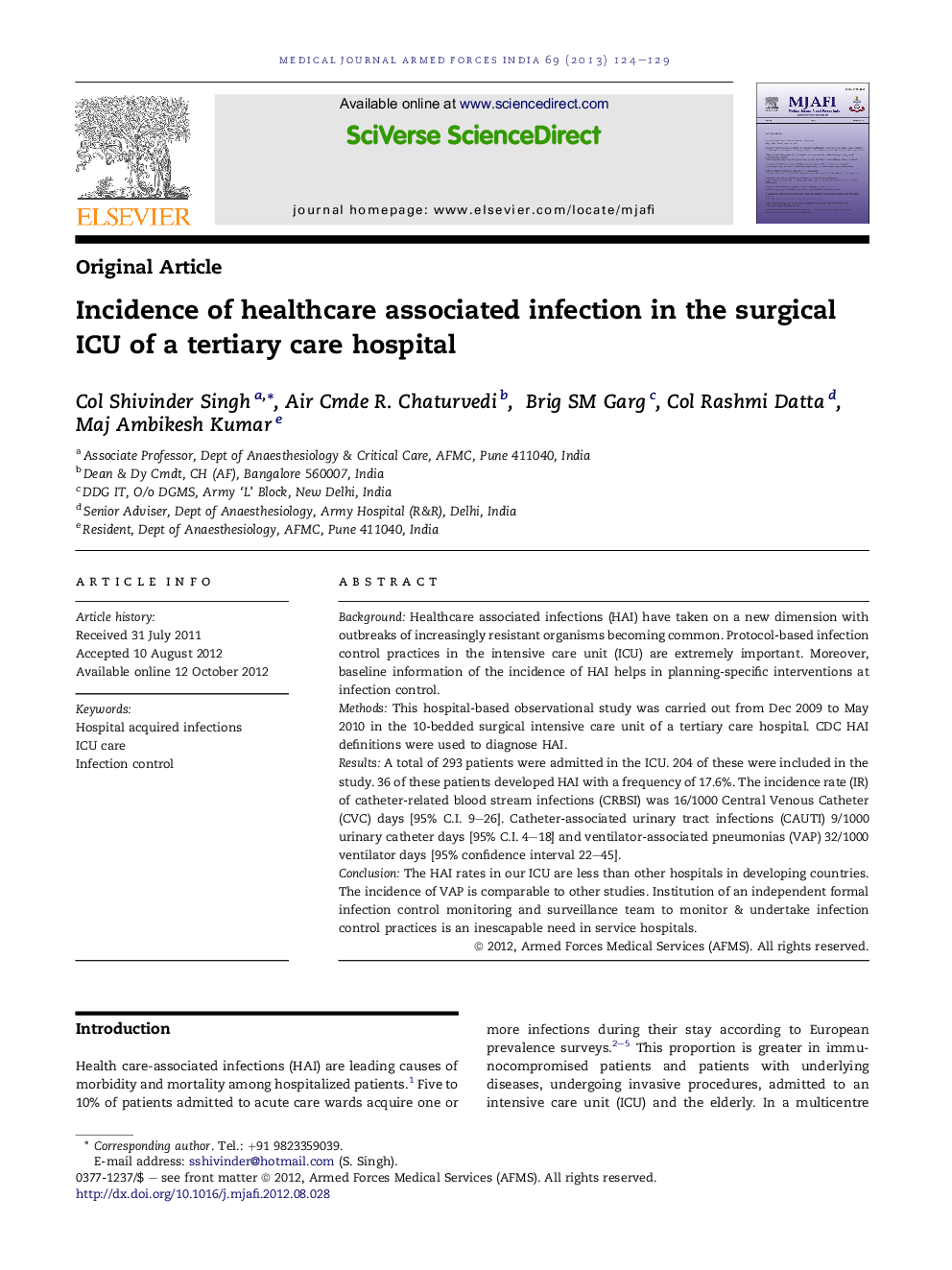 Incidence of healthcare associated infection in the surgical ICU of a tertiary care hospital 