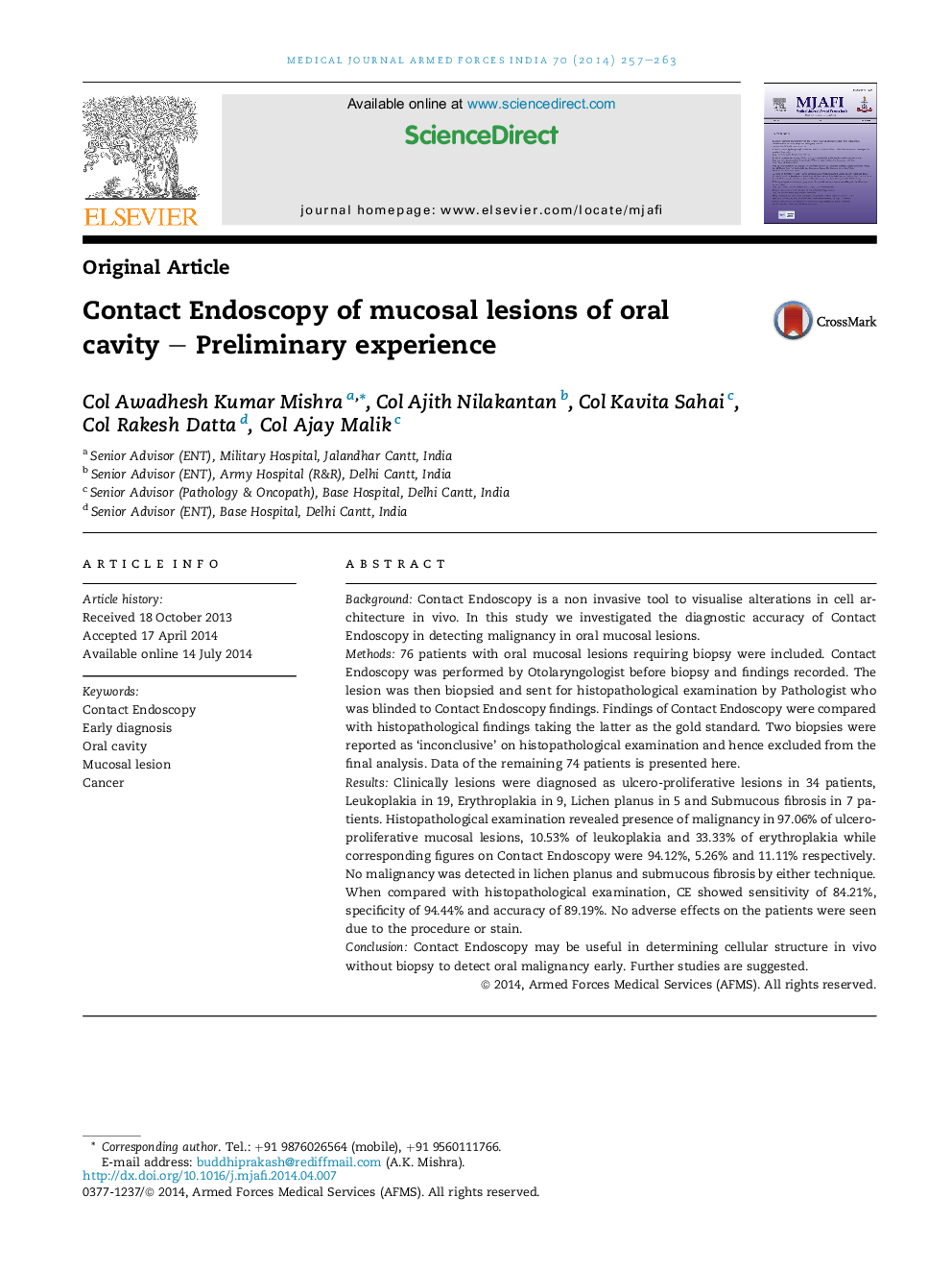 Contact Endoscopy of mucosal lesions of oral cavity – Preliminary experience 