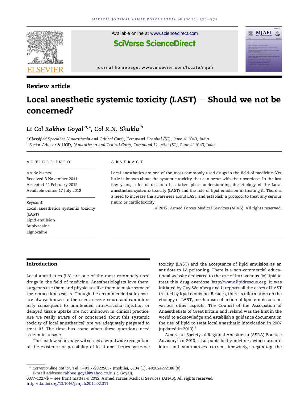 Local anesthetic systemic toxicity (LAST) – Should we not be concerned? 