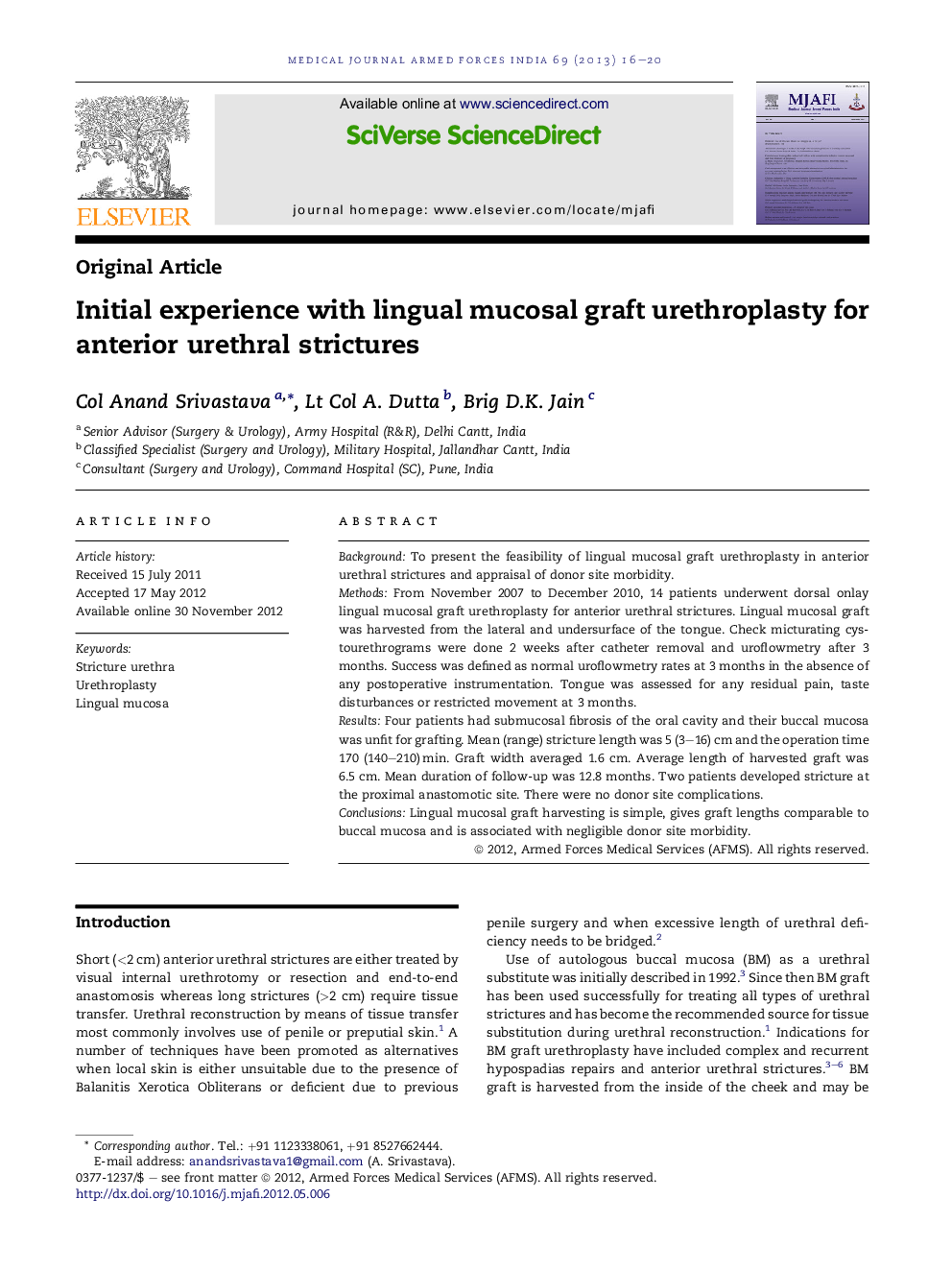 Initial experience with lingual mucosal graft urethroplasty for anterior urethral strictures