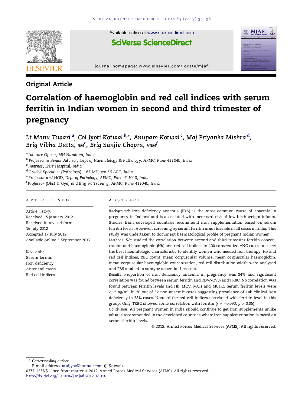 Correlation of haemoglobin and red cell indices with serum ferritin in Indian women in second and third trimester of pregnancy 