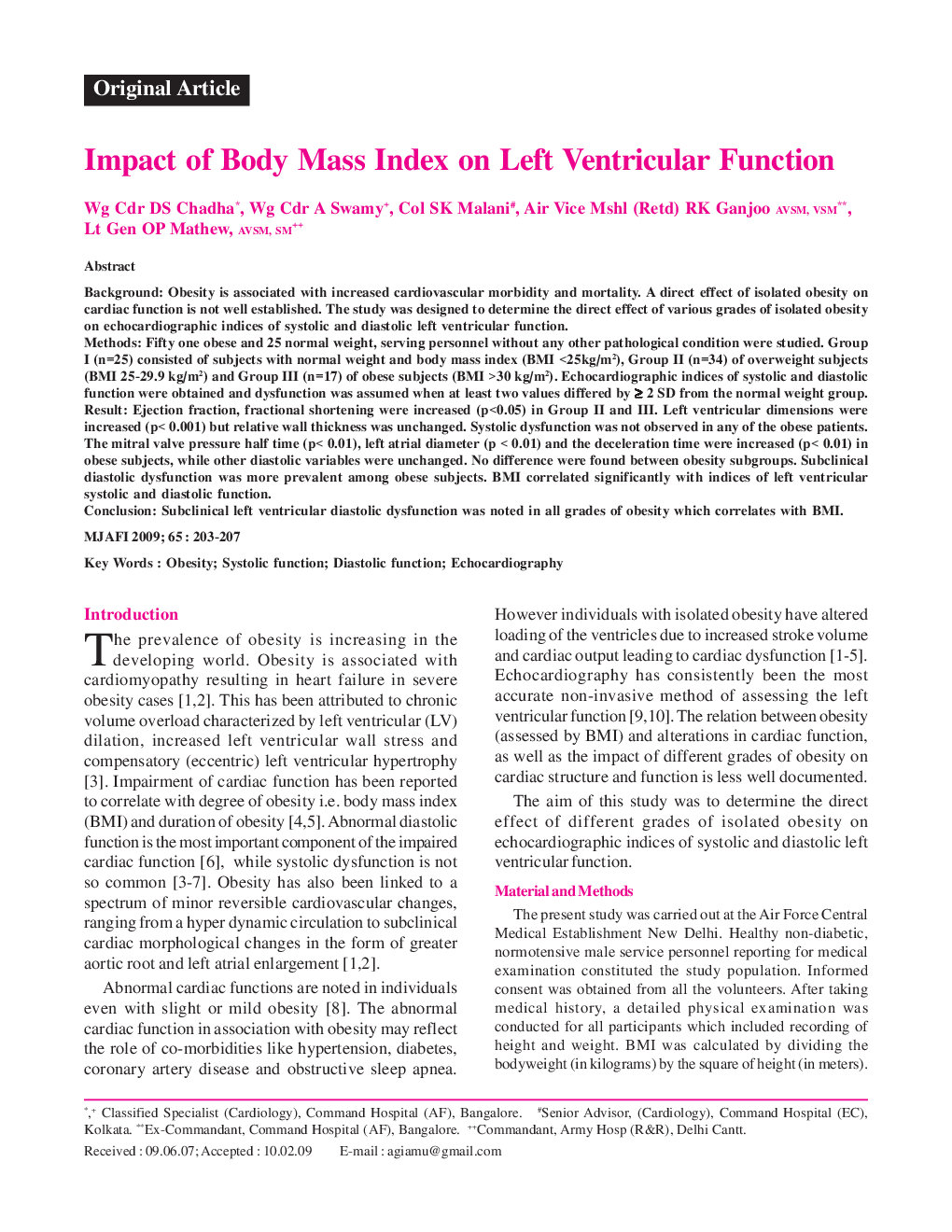 Impact of Body Mass Index on Left Ventricular Function