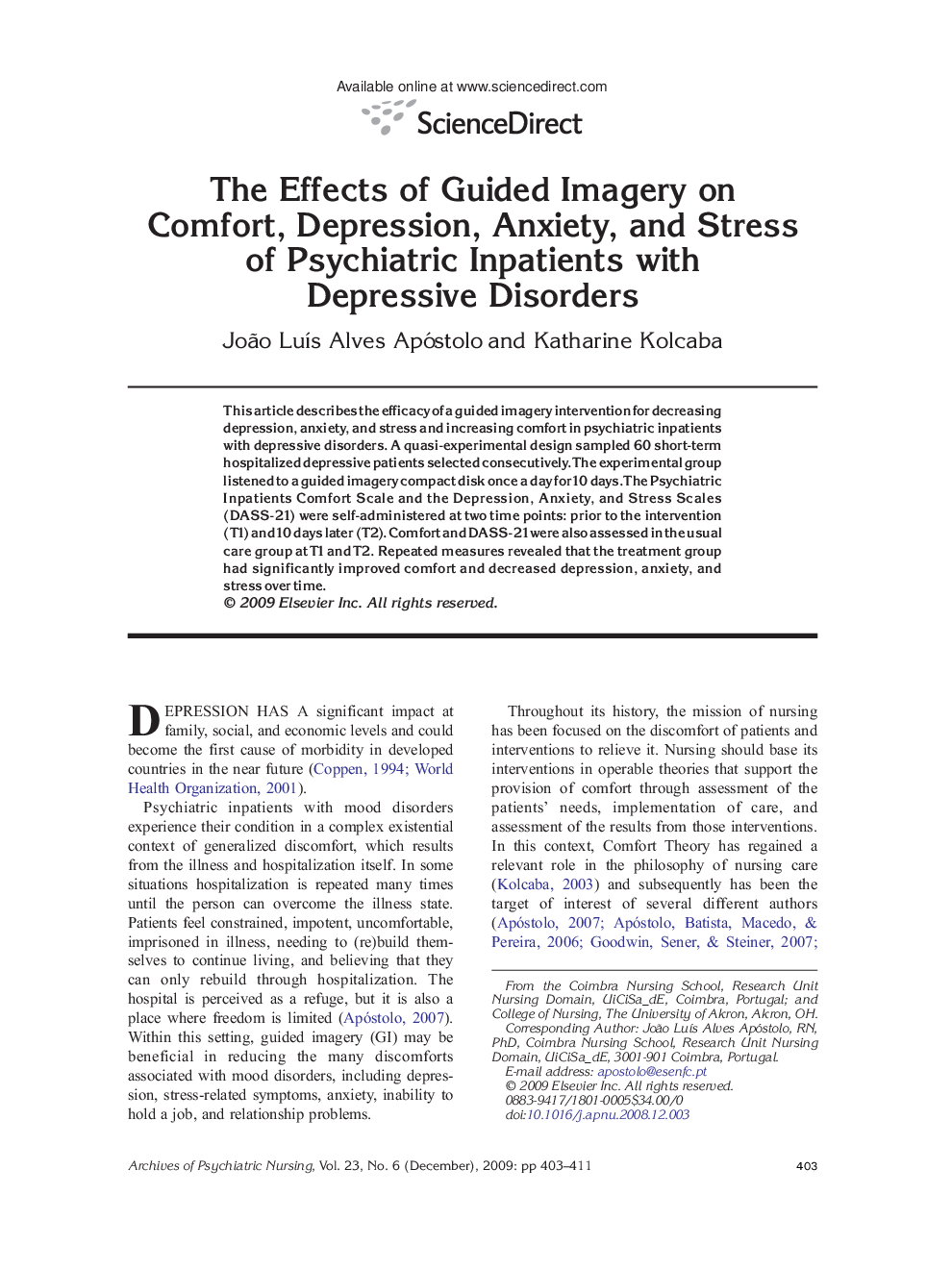 The Effects of Guided Imagery on Comfort, Depression, Anxiety, and Stress of Psychiatric Inpatients with Depressive Disorders