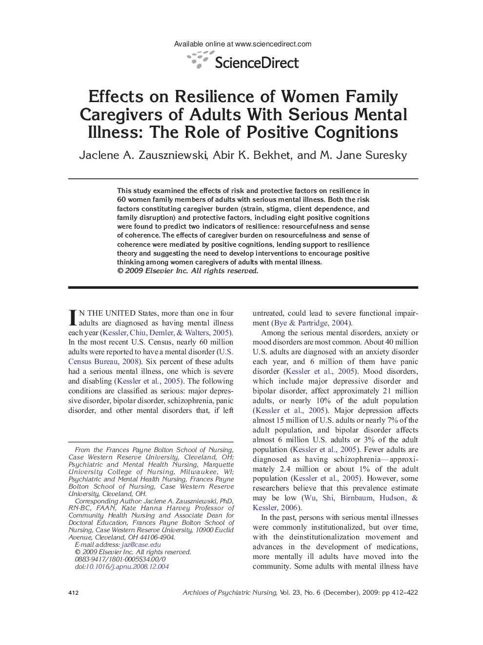 Effects on Resilience of Women Family Caregivers of Adults With Serious Mental Illness: The Role of Positive Cognitions