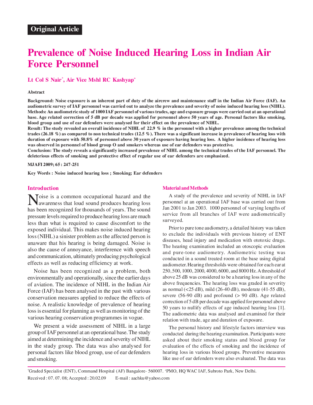 Prevalence of Noise Induced Hearing Loss in Indian Air Force Personnel