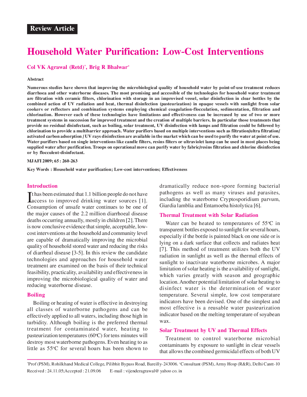 Household Water Purification: Low-Cost Interventions