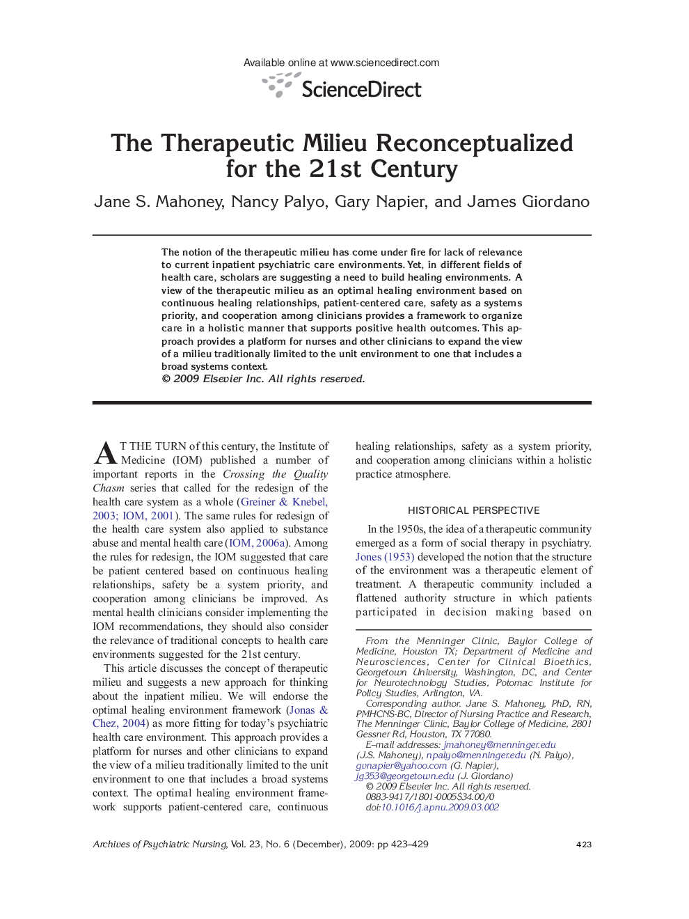 The Therapeutic Milieu Reconceptualized for the 21st Century
