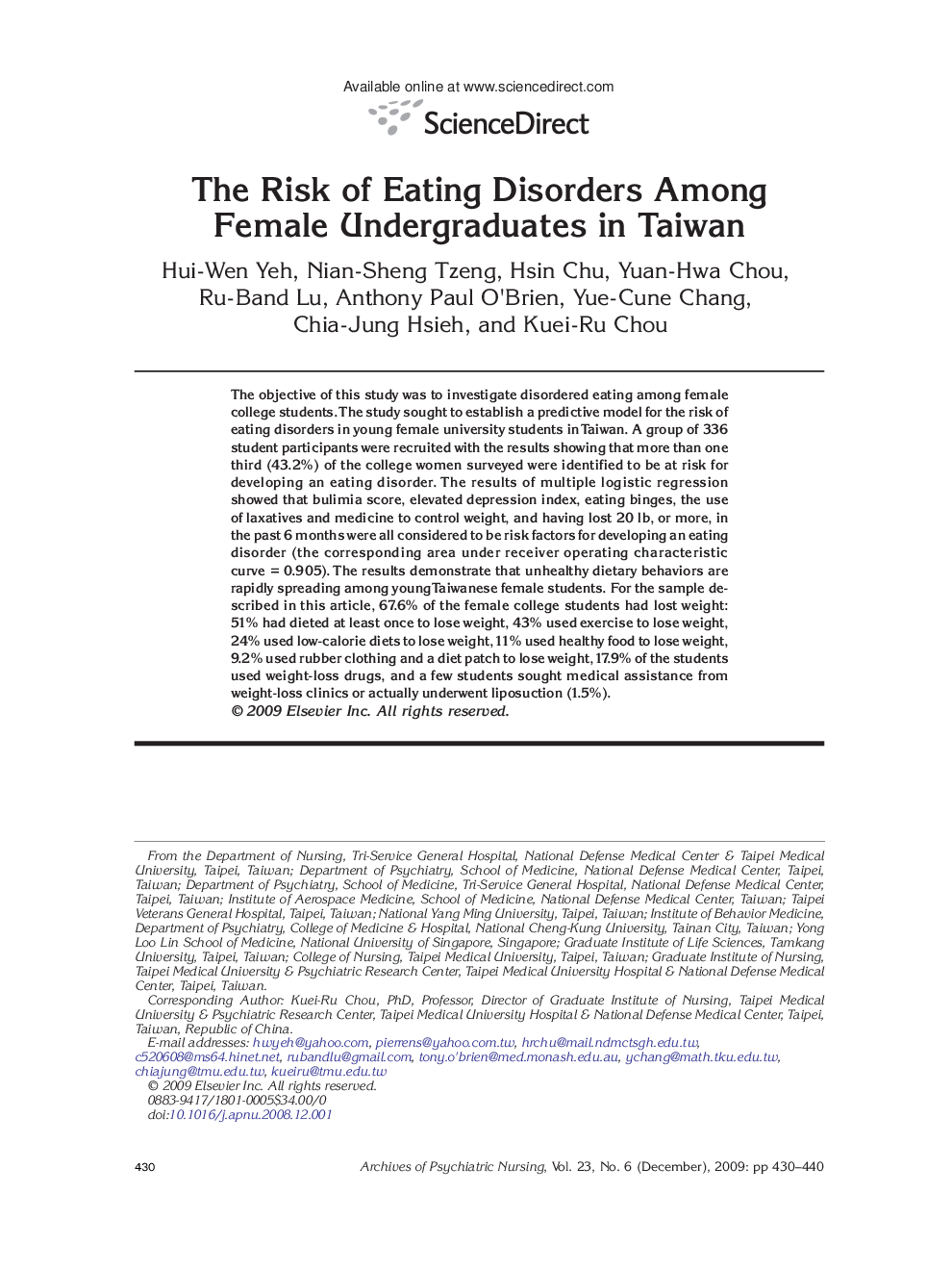 عکس صفحه اول مقاله: The Risk of Eating Disorders Among Female Undergraduates in Taiwan The Risk of Eating Disorders Among Female Undergraduates in Taiwan
