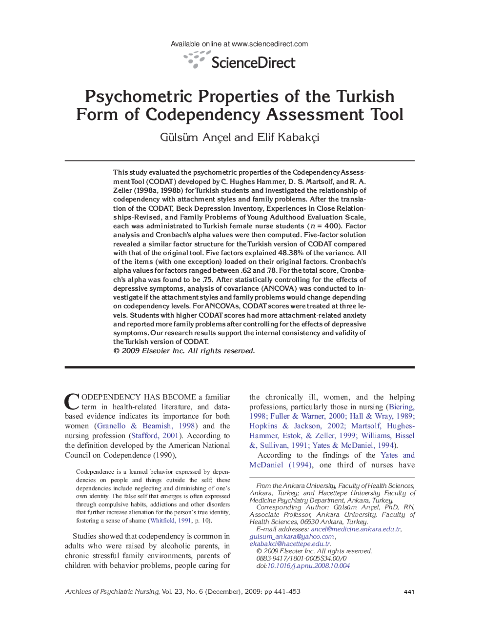 Psychometric Properties of the Turkish Form of Codependency Assessment Tool