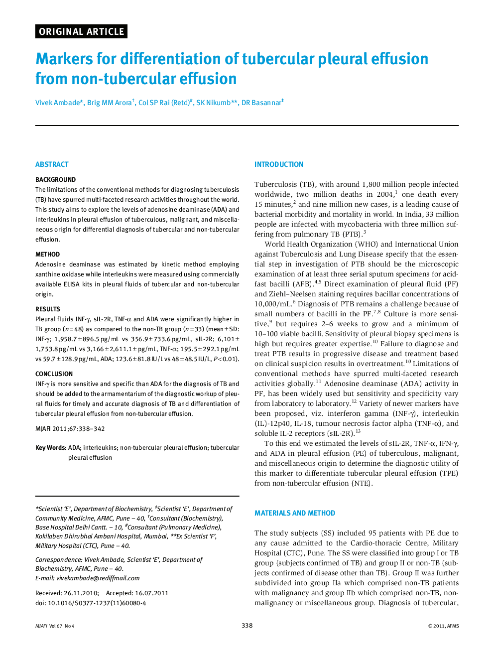 Markers for differentiation of tubercular pleural effusion from non-tubercular effusion