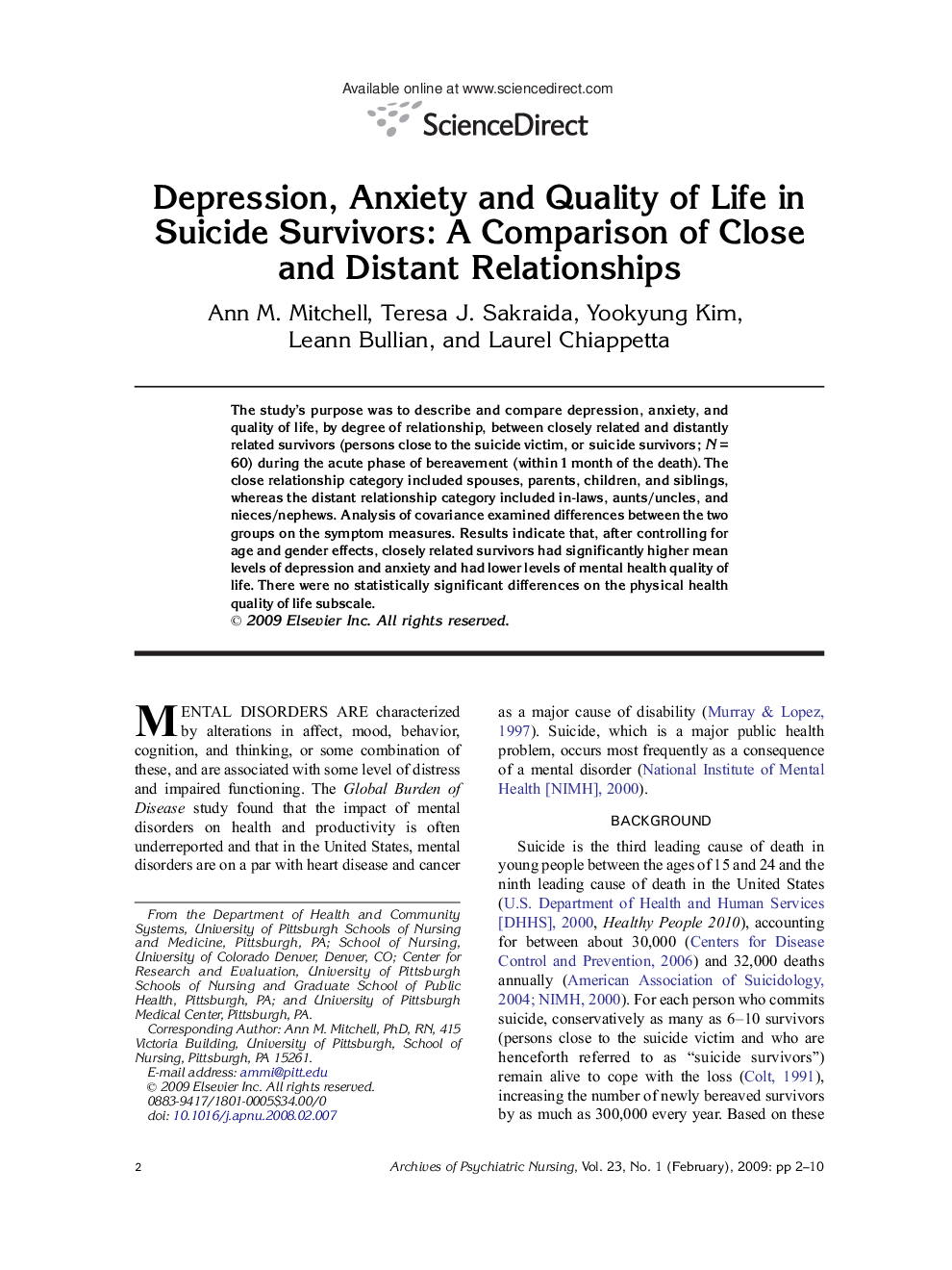 عکس صفحه اول مقاله: Depression, Anxiety and Quality of Life in Suicide Survivors: A Comparison of Close and Distant Relationships Depression, Anxiety and Quality of Life in Suicide Survivors: A Comparison of Close and Distant Relationships