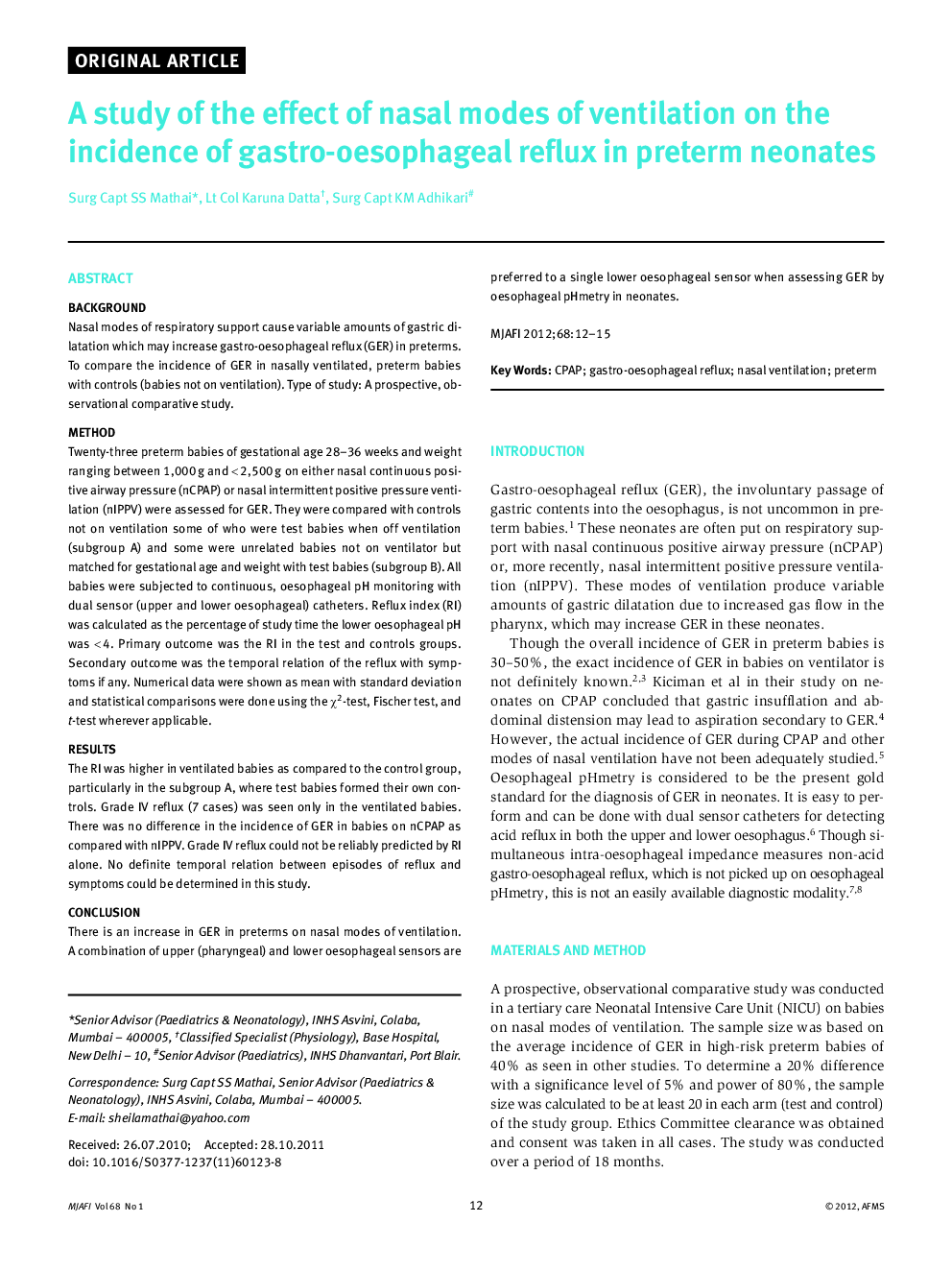 A study of the effect of nasal modes of ventilation on the incidence of gastro-oesophageal reflux in preterm neonates