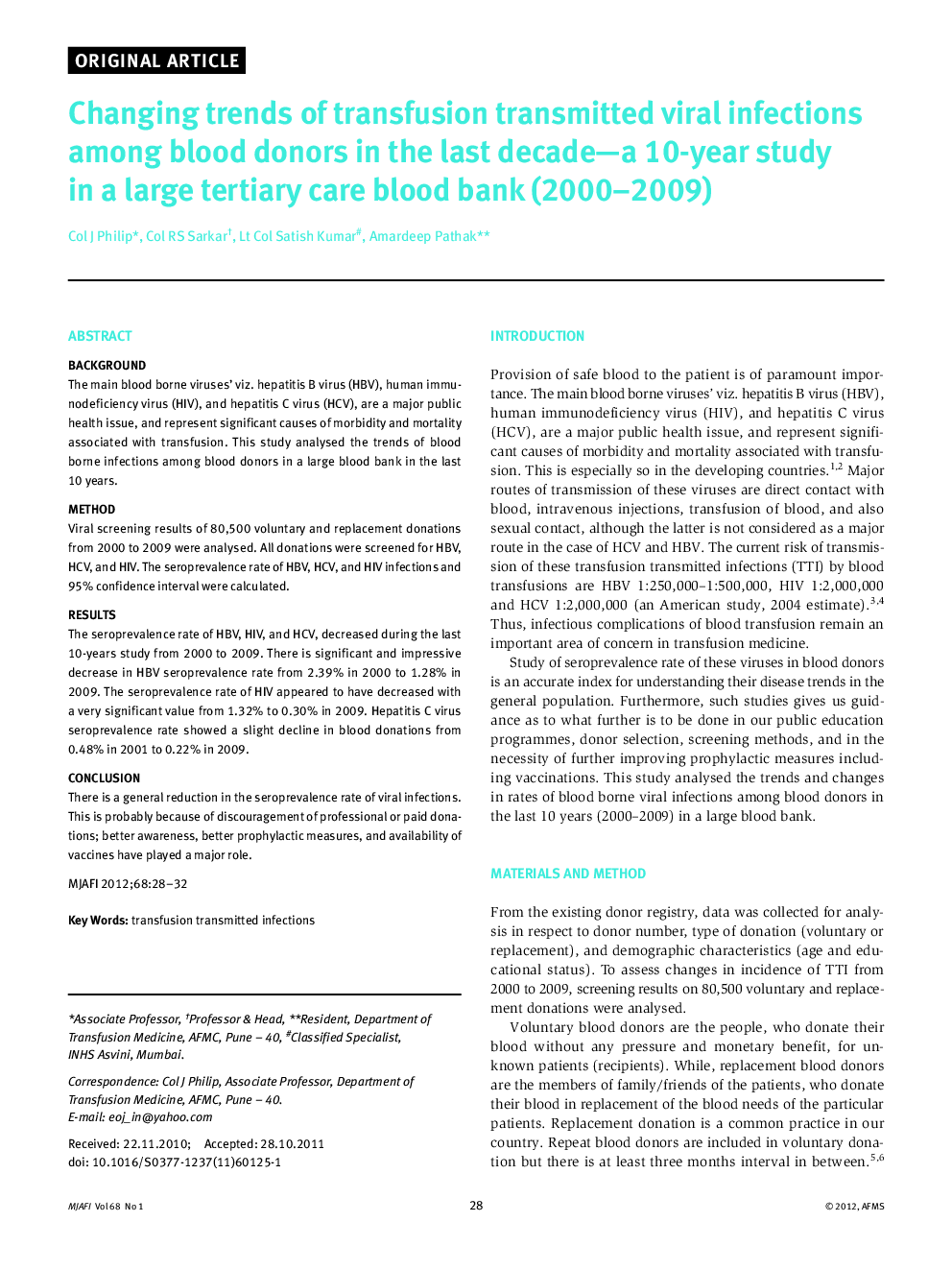 عکس صفحه اول مقاله: Changing trends of transfusion transmitted viral infections among blood donors in the last decade-a 10-year study in a large tertiary care blood bank (2000-2009 Changing trends of transfusion transmitted viral infections among blood donors in the last decade-a 10-year study in a large tertiary care blood bank (2000-2009