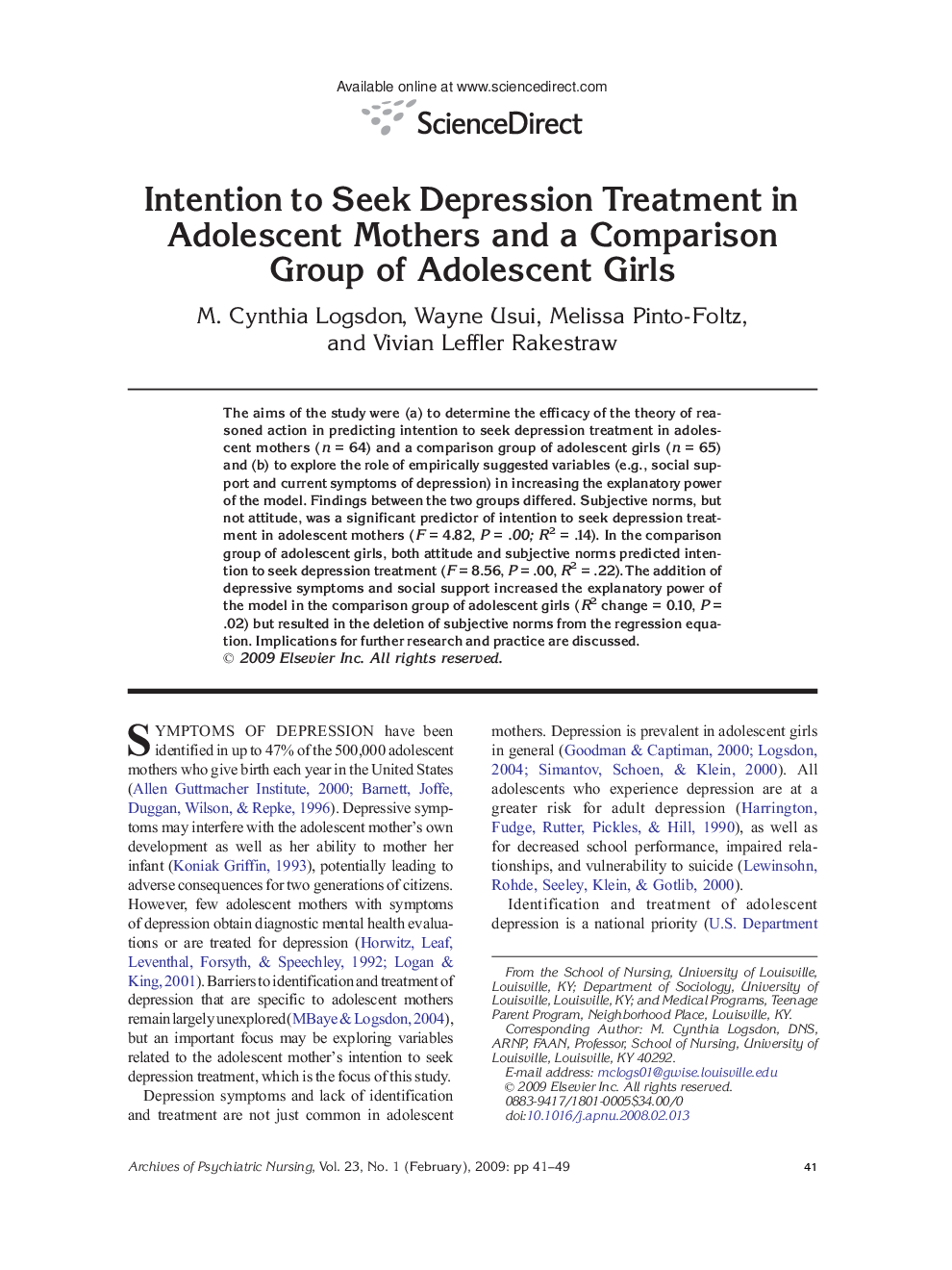 عکس صفحه اول مقاله: Intention to Seek Depression Treatment in Adolescent Mothers and a Comparison Group of Adolescent Girls Intention to Seek Depression Treatment in Adolescent Mothers and a Comparison Group of Adolescent Girls
