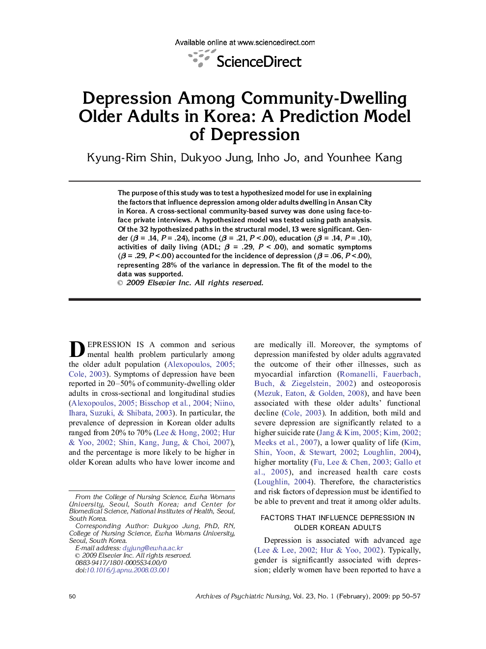 عکس صفحه اول مقاله: Depression Among Community-Dwelling Older Adults in Korea: A Prediction Model of Depression Depression Among Community-Dwelling Older Adults in Korea: A Prediction Model of Depression