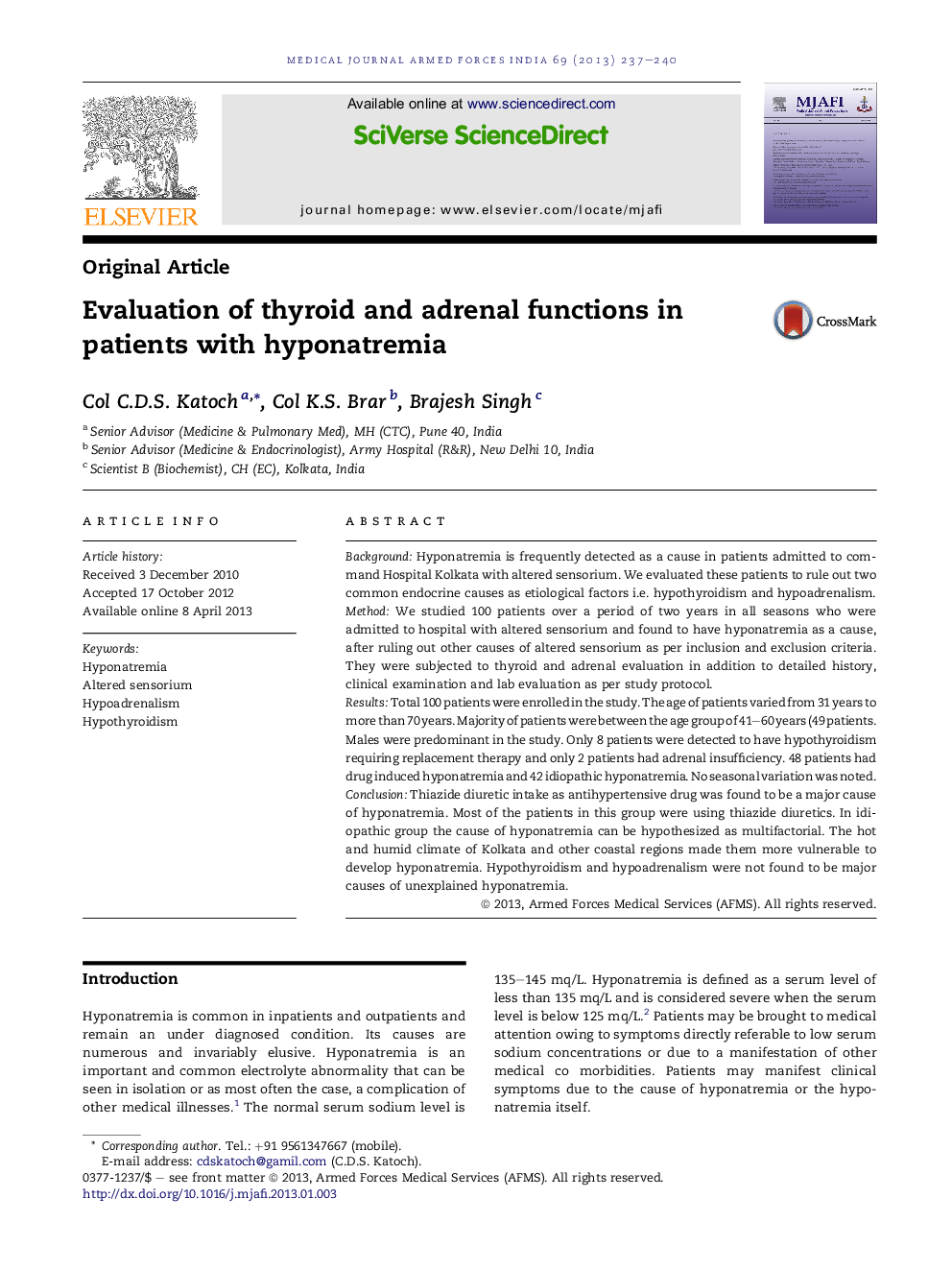 Evaluation of thyroid and adrenal functions in patients with hyponatremia 