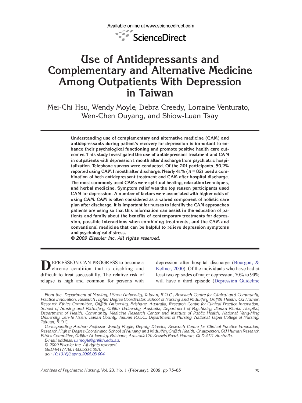 عکس صفحه اول مقاله: Use of Antidepressants and Complementary and Alternative Medicine Among Outpatients With Depression in Taiwan Use of Antidepressants and Complementary and Alternative Medicine Among Outpatients With Depression in Taiwan
