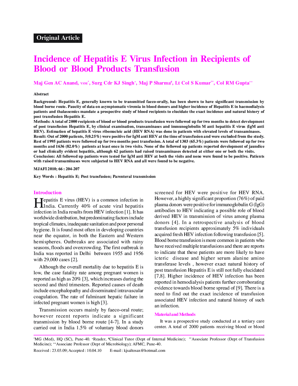 Incidence of Hepatitis E Virus Infection in Recipients of Blood or Blood Products Transfusion