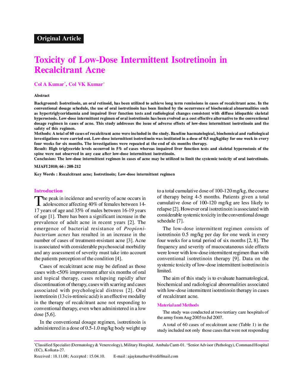 Toxicity of Low-Dose Intermittent Isotretinoin in Recalcitrant Acne