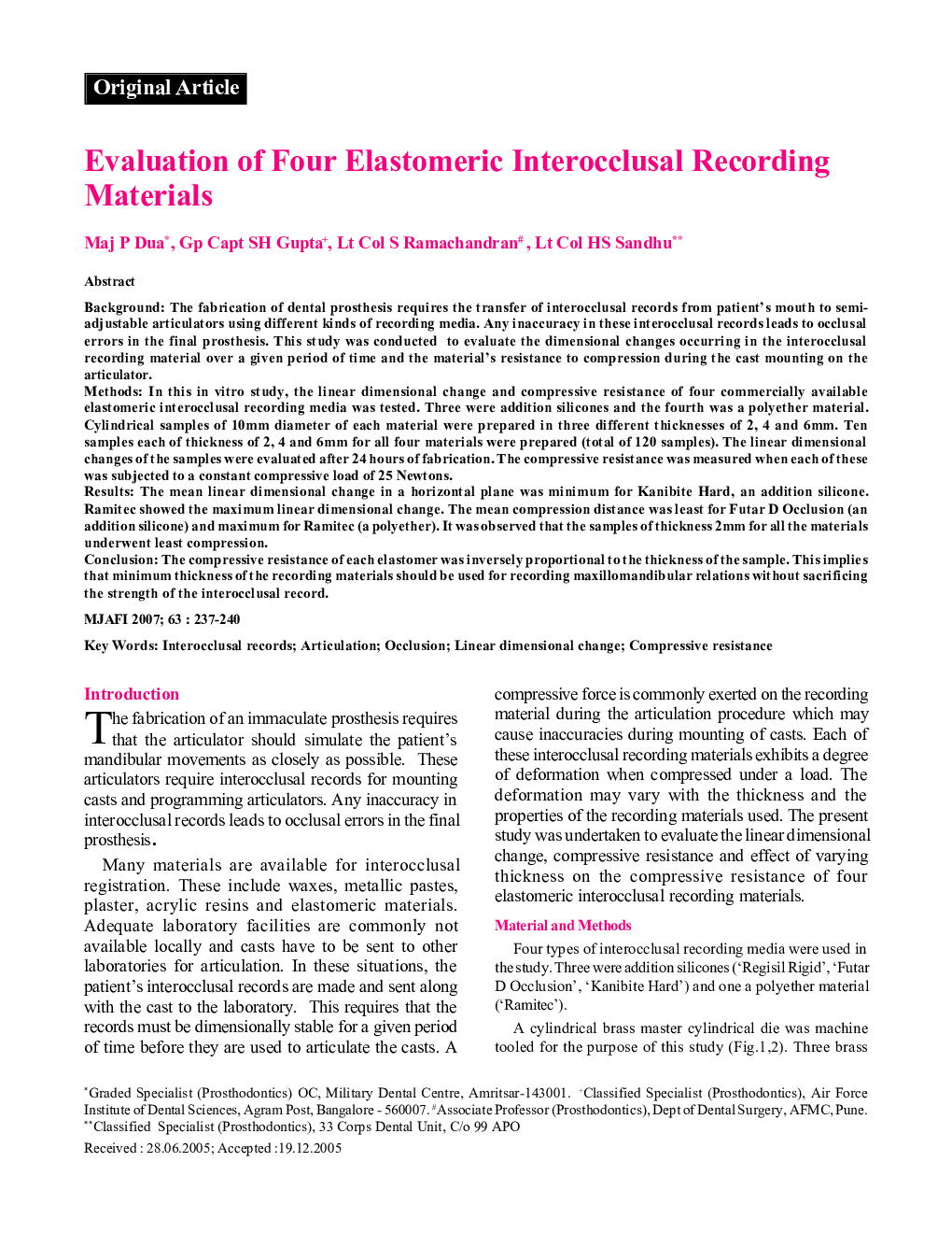 Evaluation of Four Elastomeric Interocclusal Recording Materials