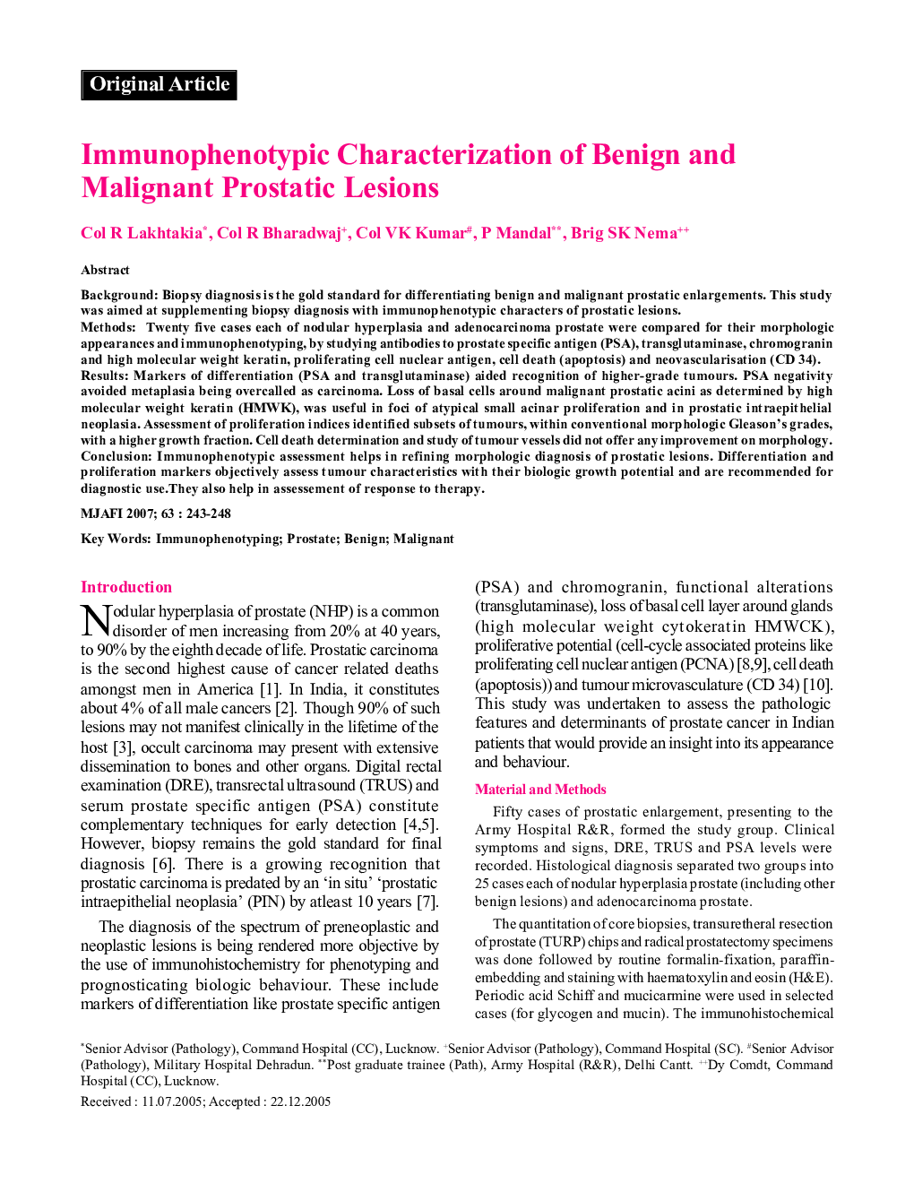 Immunophenotypic Characterization of Benign and Malignant Prostatic Lesions