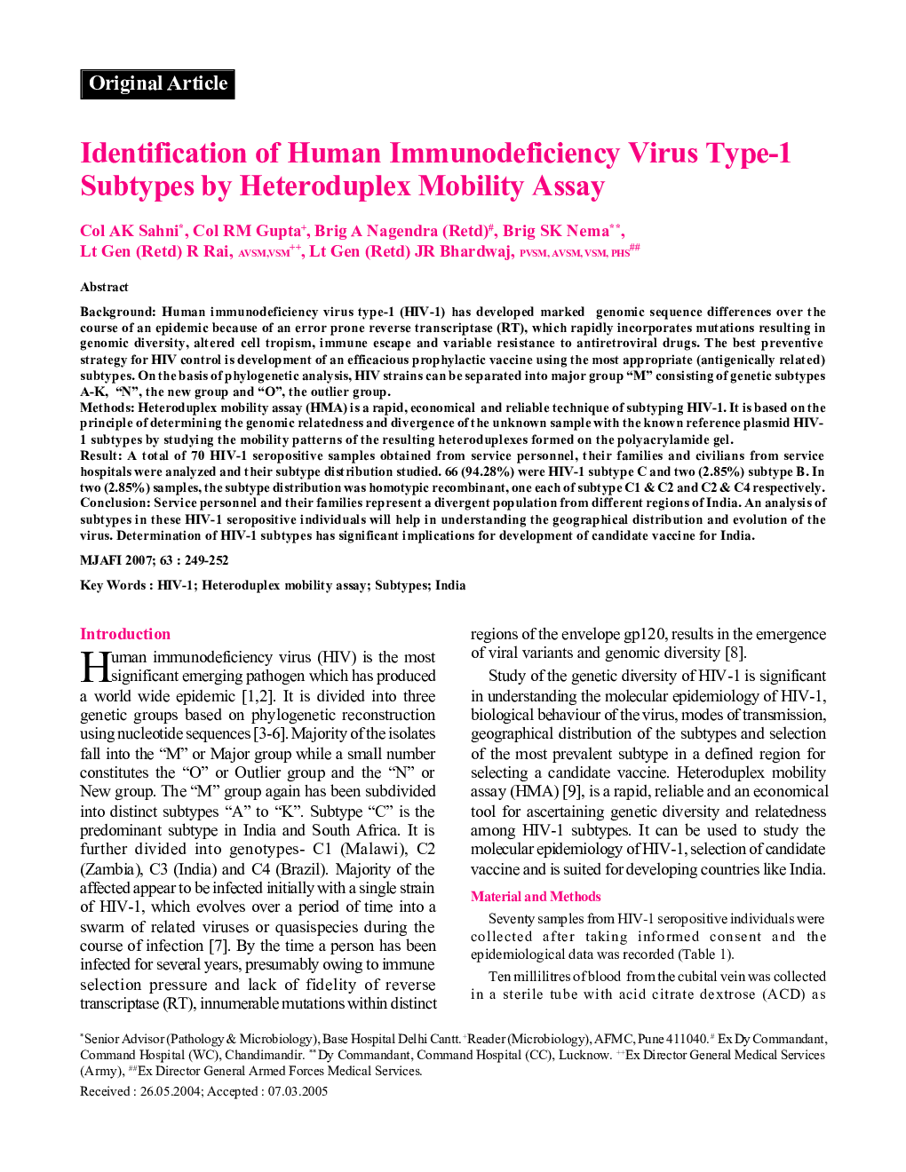 Identification of Human Immunodeficiency Virus Type-1 Subtypes by Heteroduplex Mobility Assay