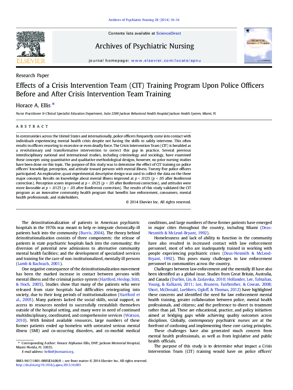 Effects of a Crisis Intervention Team (CIT) Training Program Upon Police Officers Before and After Crisis Intervention Team Training