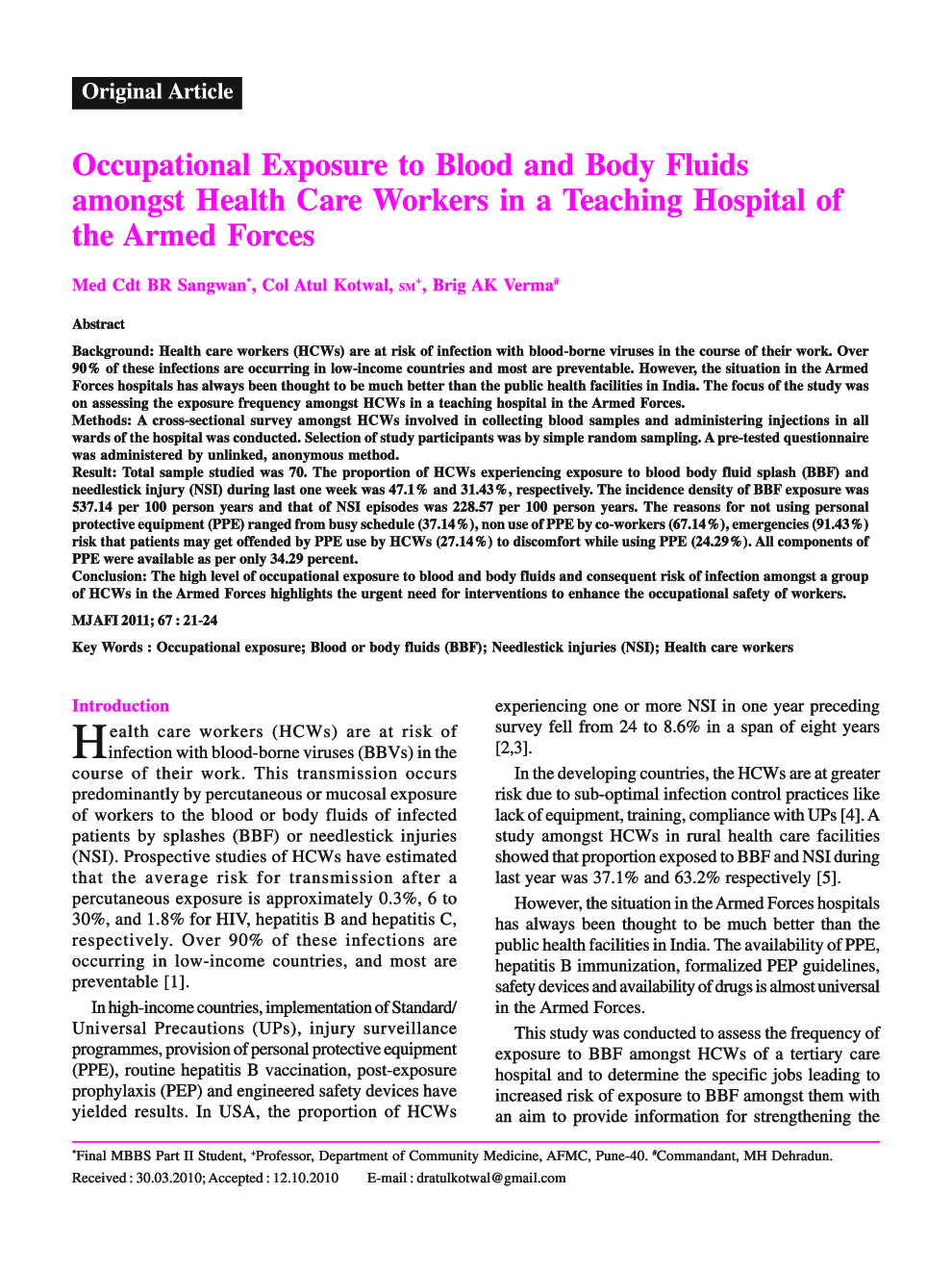 Occupational Exposure to Blood and Body Fluids amongst Health Care Workers in a Teaching Hospital of the Armed Forces