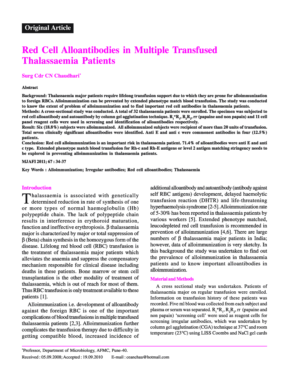 Red Cell Alloantibodies in Multiple Transfused Thalassaemia Patients