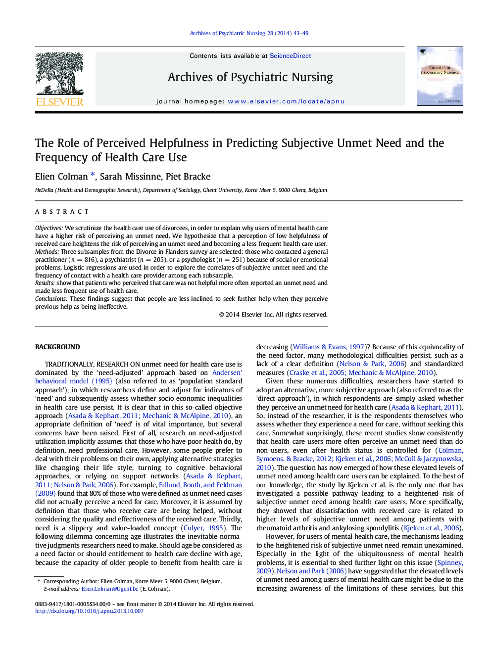 The Role of Perceived Helpfulness in Predicting Subjective Unmet Need and the Frequency of Health Care Use