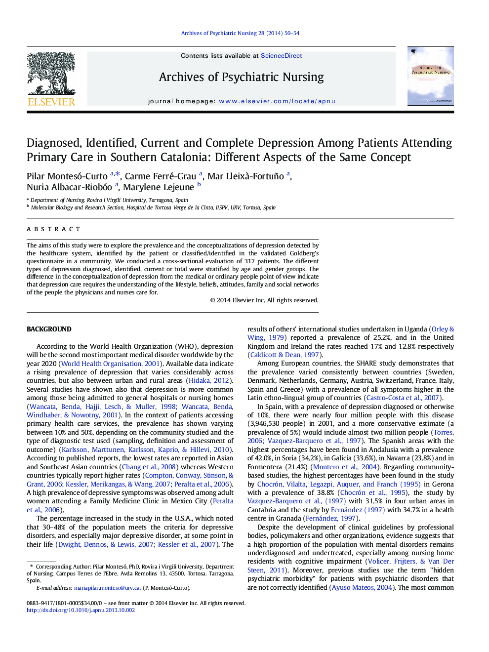 Diagnosed, Identified, Current and Complete Depression Among Patients Attending Primary Care in Southern Catalonia: Different Aspects of the Same Concept