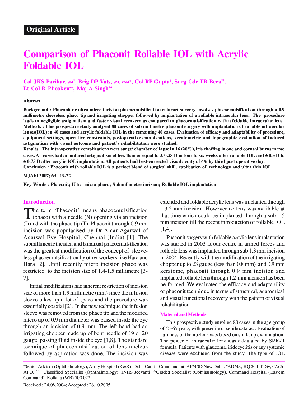 Comparison of Phaconit Rollable IOL with Acrylic Foldable IOL