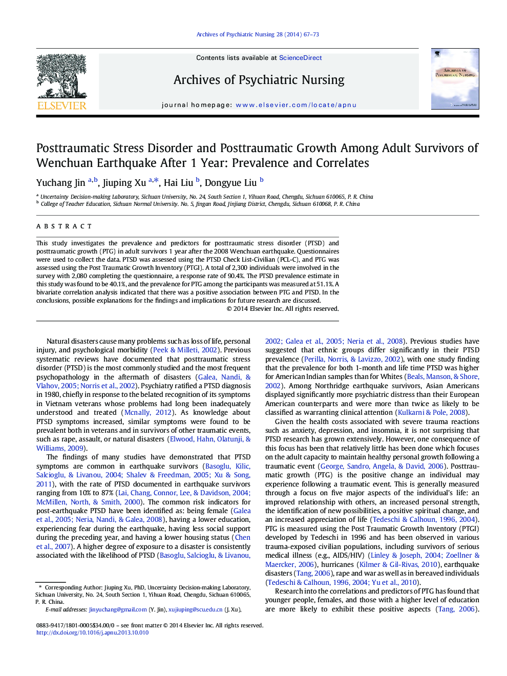 Posttraumatic Stress Disorder and Posttraumatic Growth Among Adult Survivors of Wenchuan Earthquake After 1 Year: Prevalence and Correlates