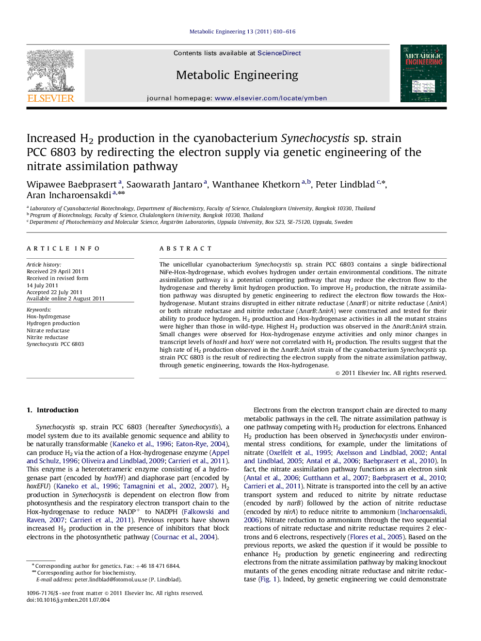 Increased H2 production in the cyanobacterium Synechocystis sp. strain PCC 6803 by redirecting the electron supply via genetic engineering of the nitrate assimilation pathway