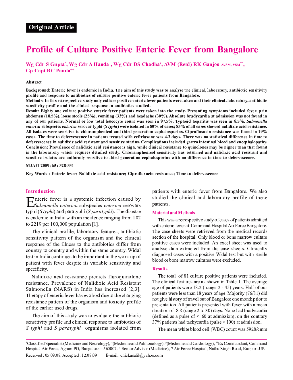 Profile of Culture Positive Enteric Fever from Bangalore