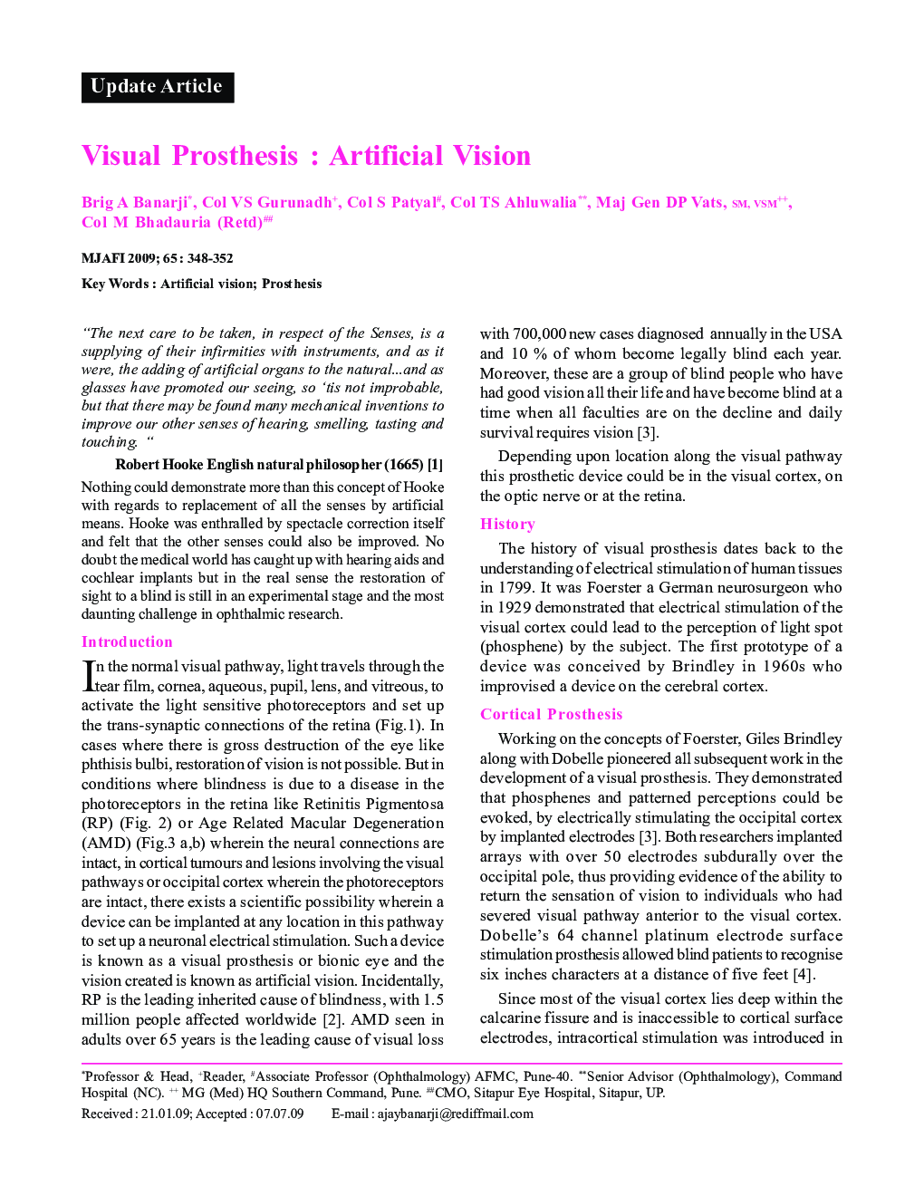 Visual Prosthesis: Artificial Vision