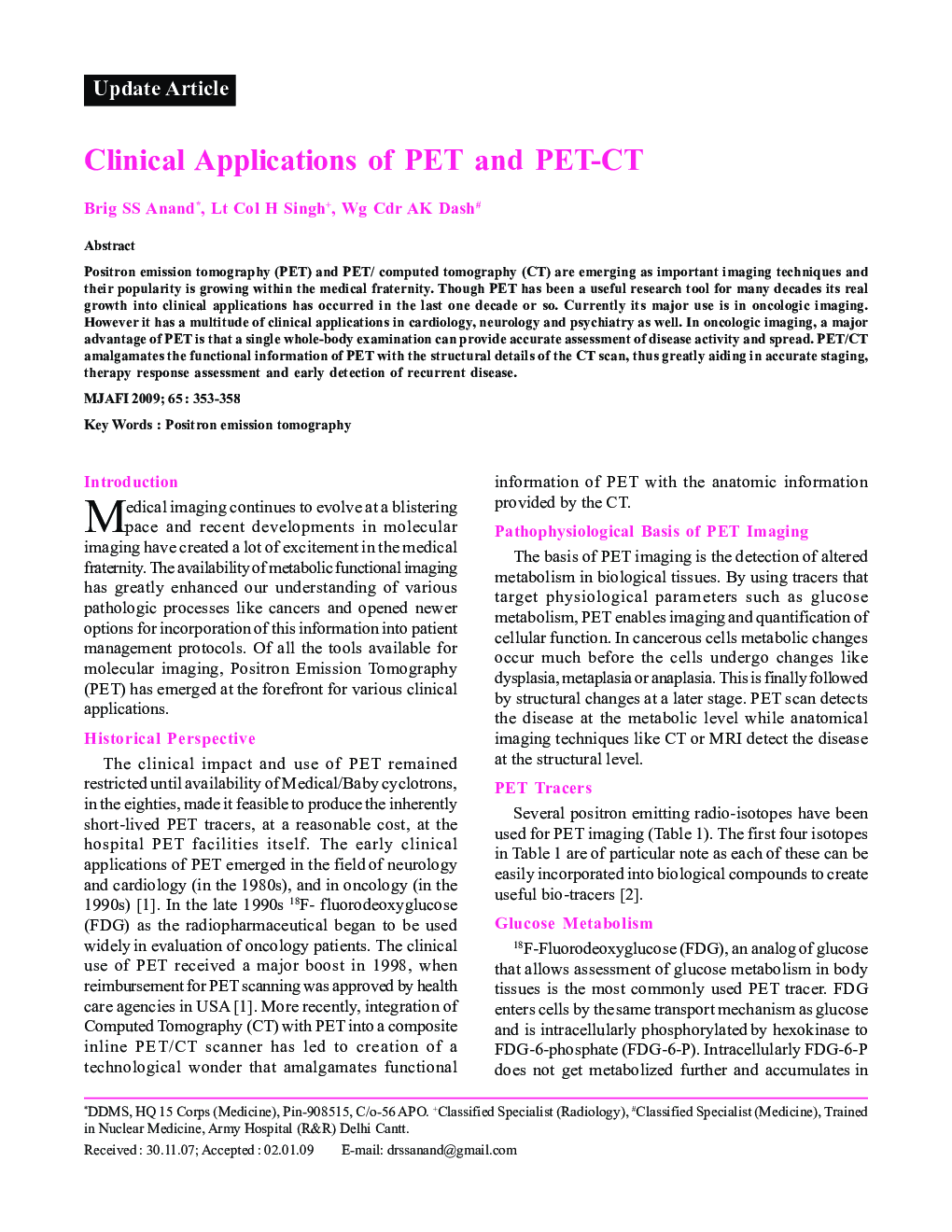Clinical Applications of PET and PET-CT